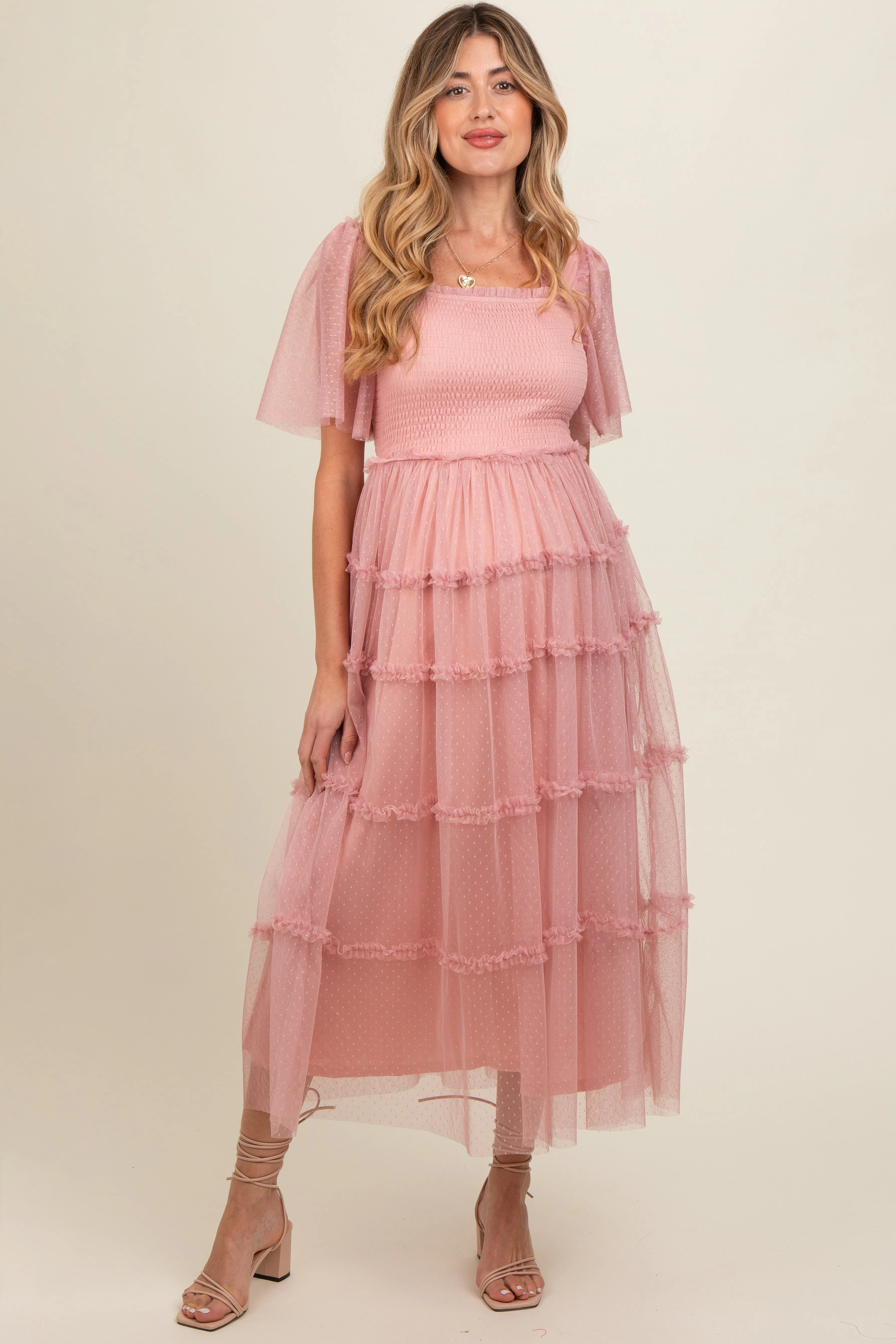 Pink Ruffled Mesh Maternity Maxi Dress sold by Pinkblush product image thumbnail 2