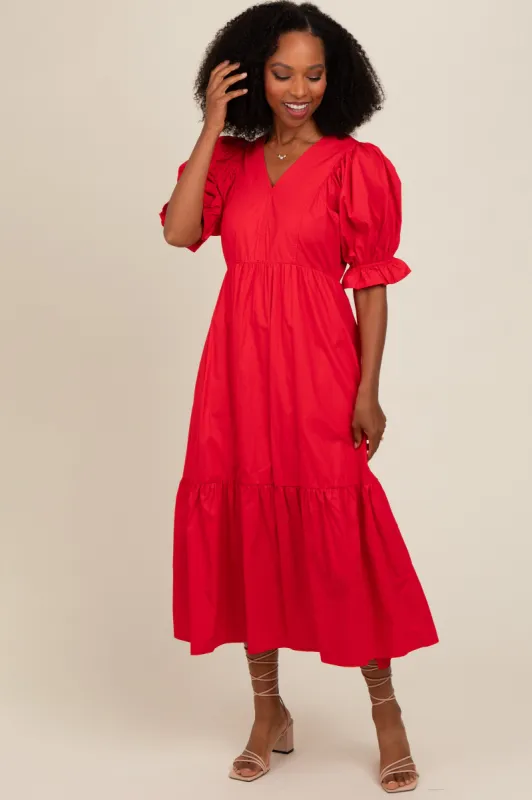 Red Short Puff Sleeve Tiered Midi Dress sold by Pinkblush