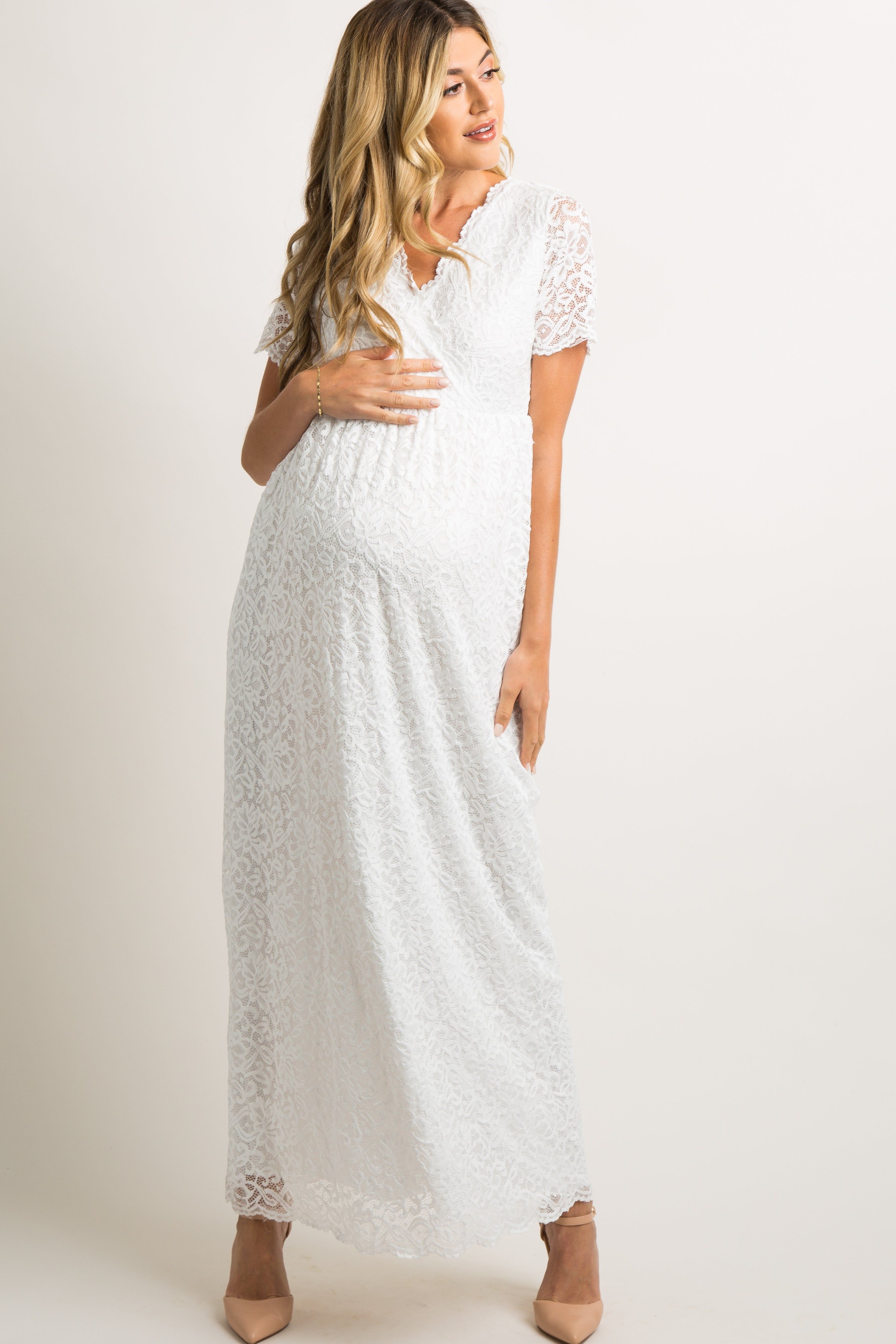 PinkBlush White Lace Overlay Wrap Maternity Maxi Dress sold by Pinkblush