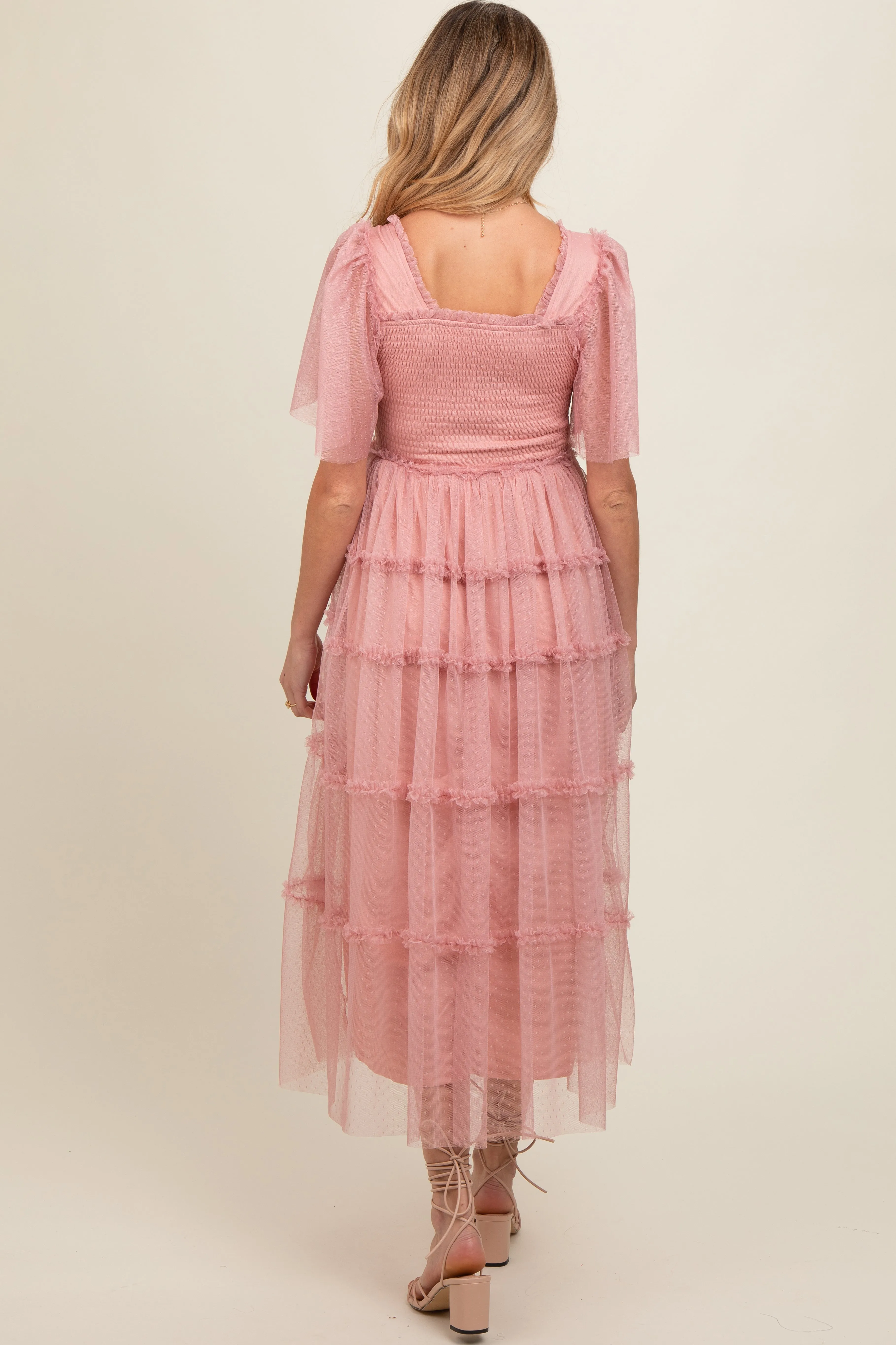 Pink Ruffled Mesh Maternity Maxi Dress sold by Pinkblush product image thumbnail 3