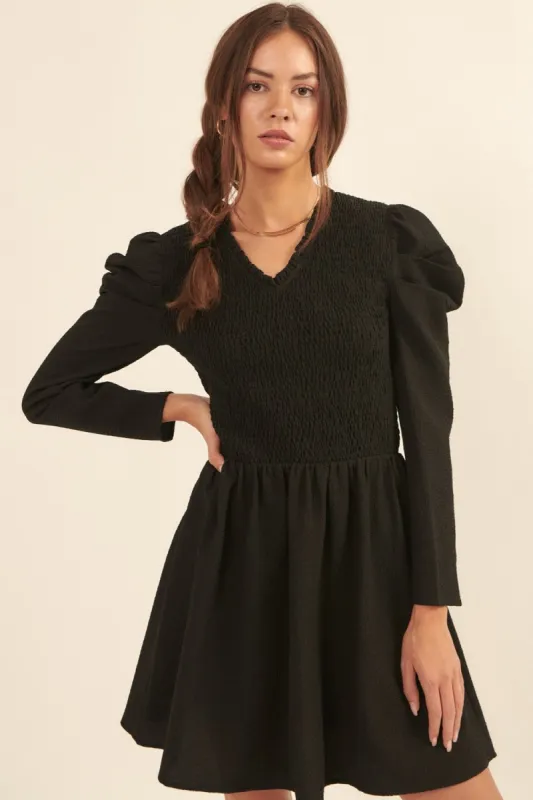 Black Solid Woven Smocked Mini Dress sold by Pinkblush