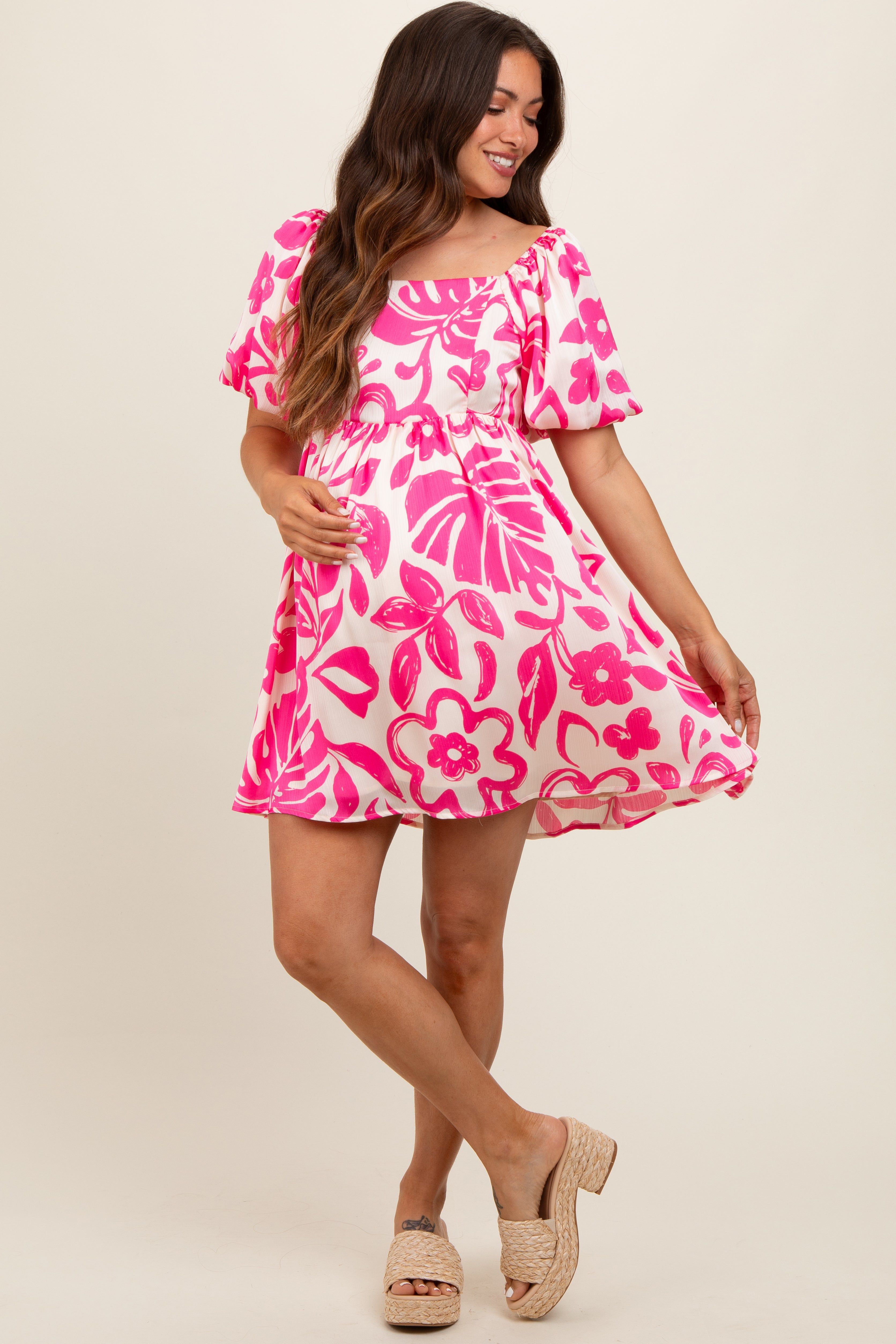 Fuchsia Floral Puff Sleeve Maternity Dress sold by Pinkblush product image thumbnail 2