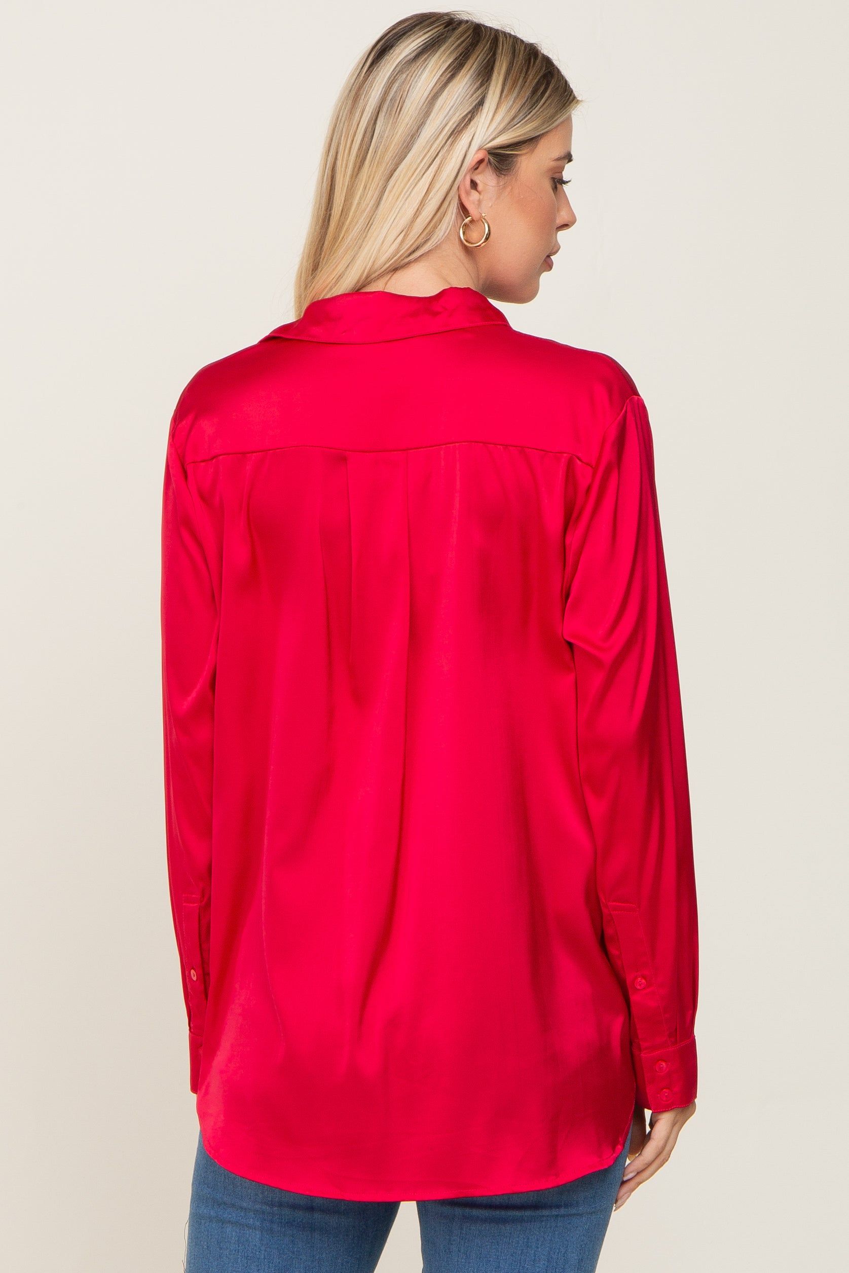 Red Satin Button Down Long Sleeve Top sold by Pinkblush product image thumbnail 3