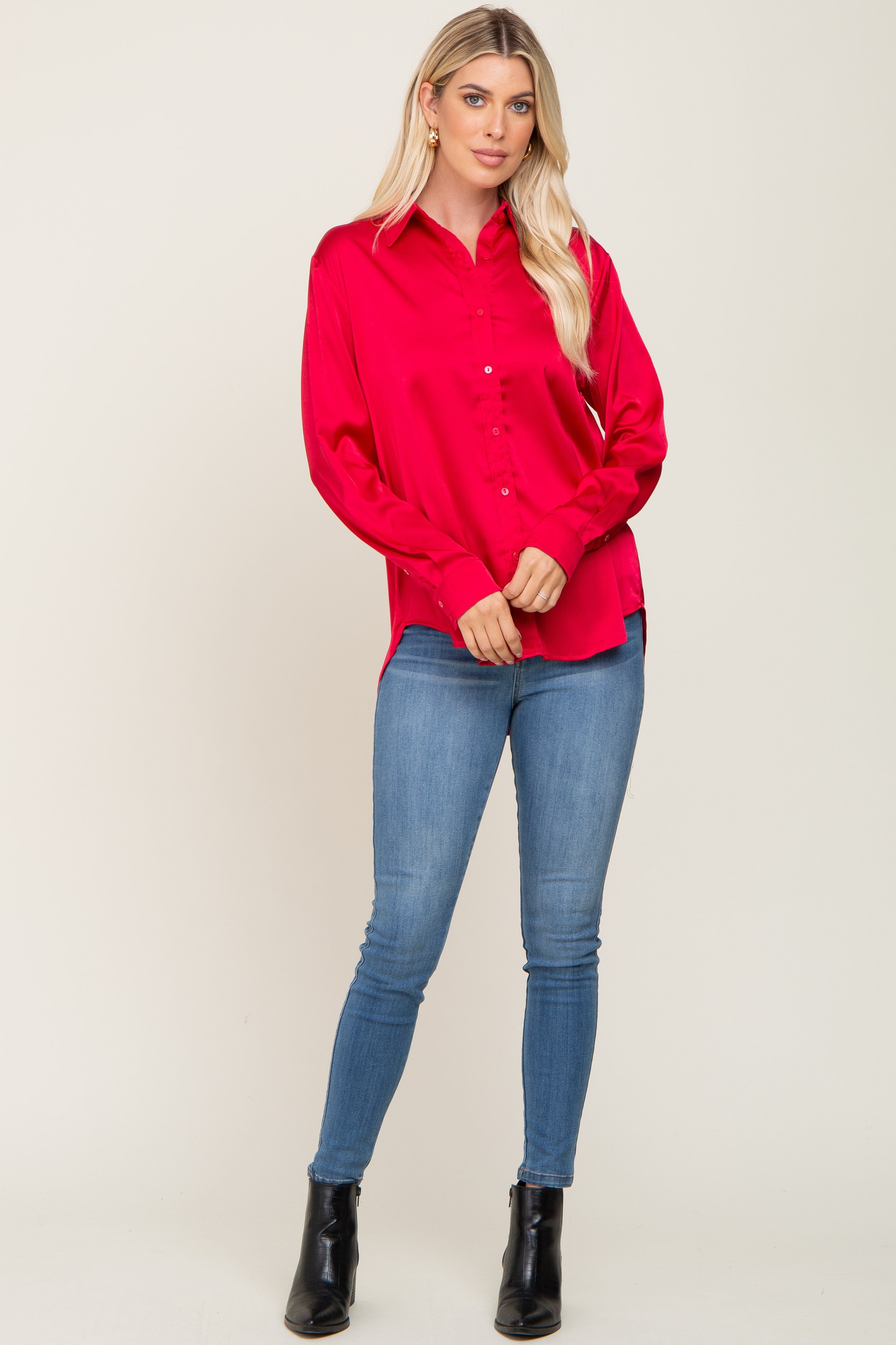 Red Satin Button Down Long Sleeve Top sold by Pinkblush product image thumbnail 4
