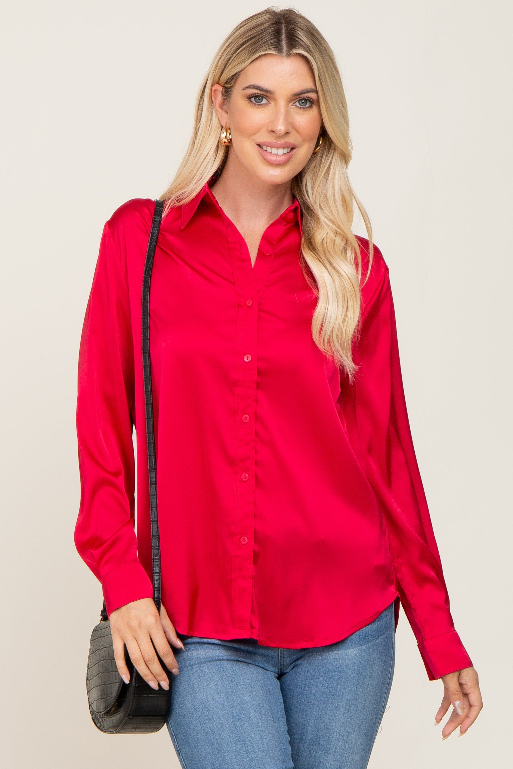 Red Satin Button Down Long Sleeve Top sold by Pinkblush