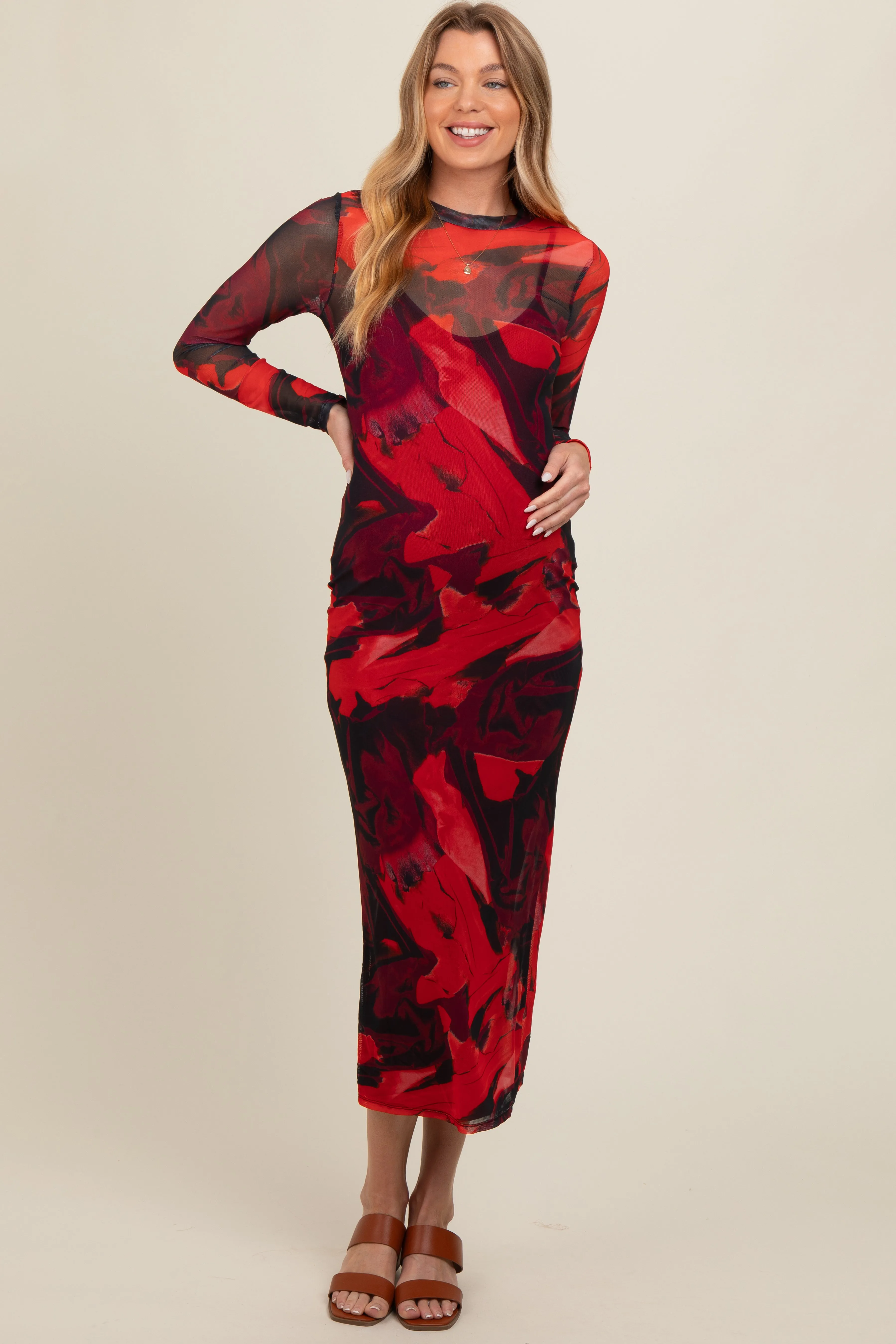 Burgundy Abstract Print Mesh Maternity Maxi Dress sold by Pinkblush product image thumbnail 2