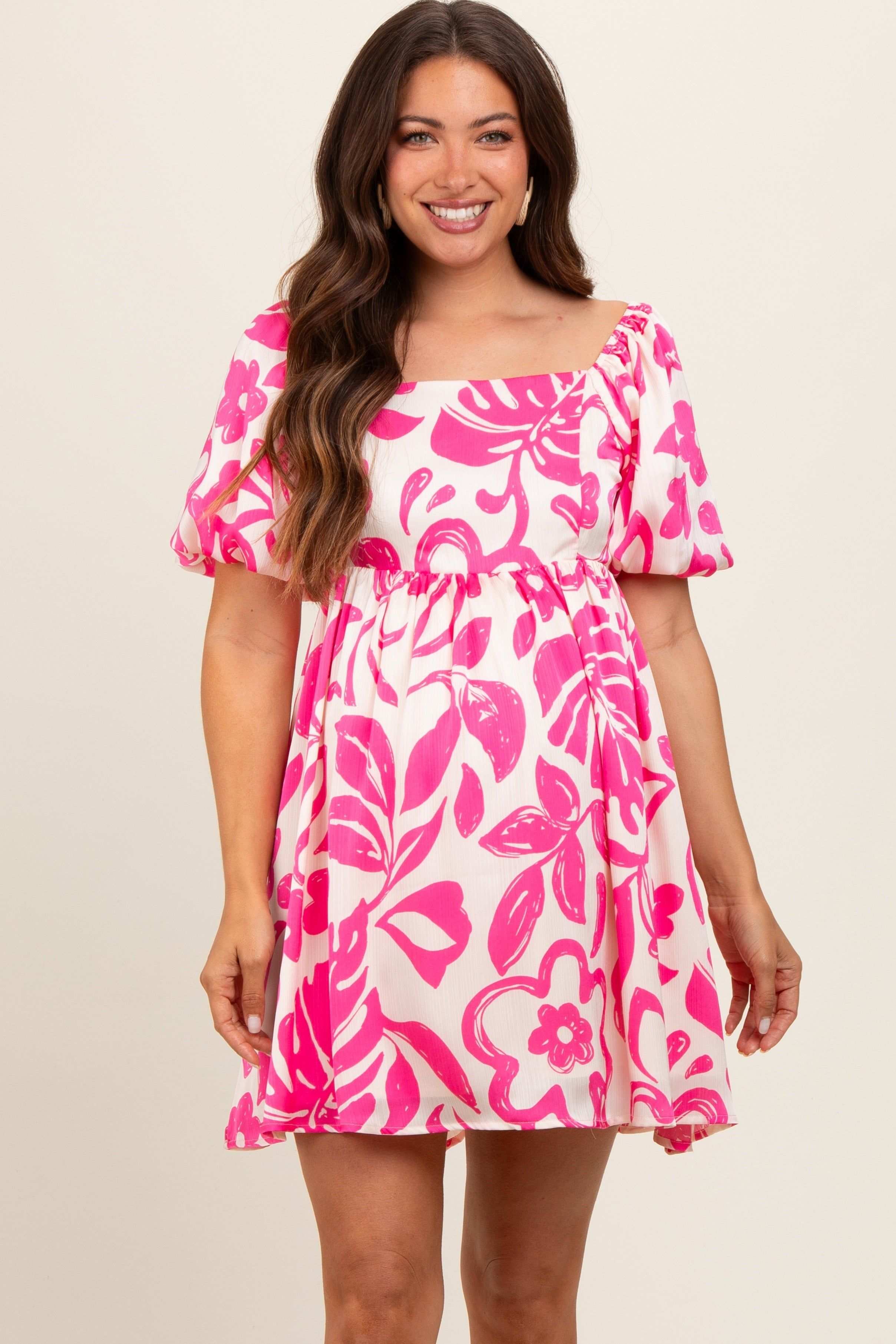 Fuchsia Floral Puff Sleeve Maternity Dress sold by Pinkblush