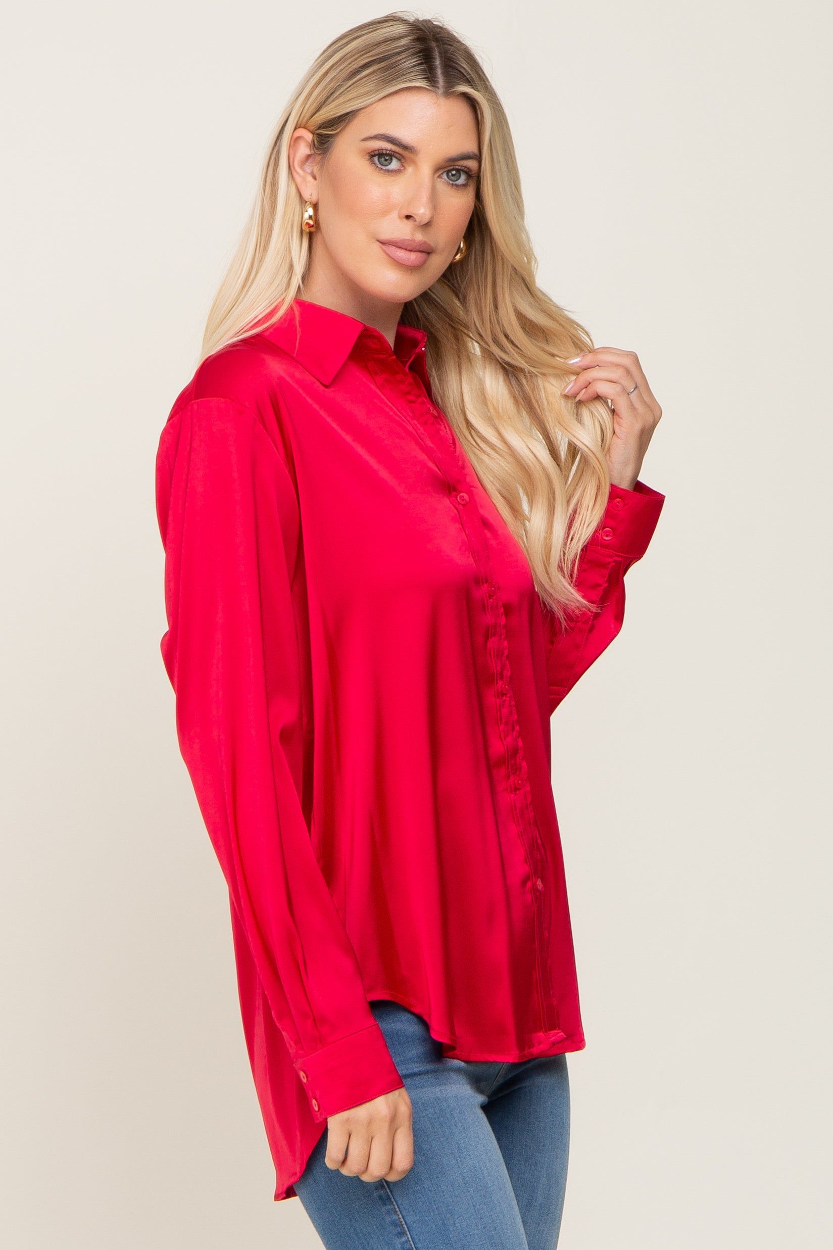 Red Satin Button Down Long Sleeve Top sold by Pinkblush product image thumbnail 2