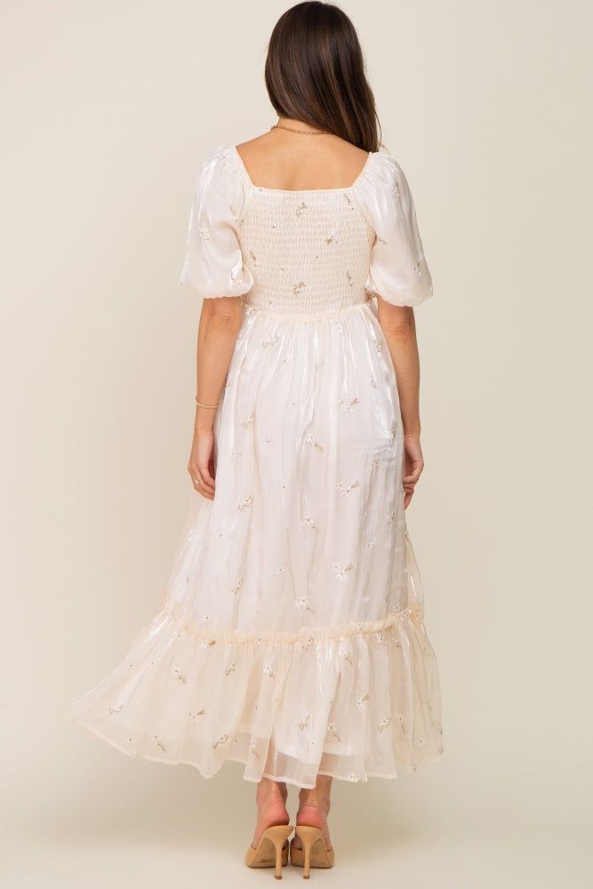 Cream Floral Embroidered Puff Sleeve Maternity Maxi Dress sold by Pinkblush product image thumbnail 3