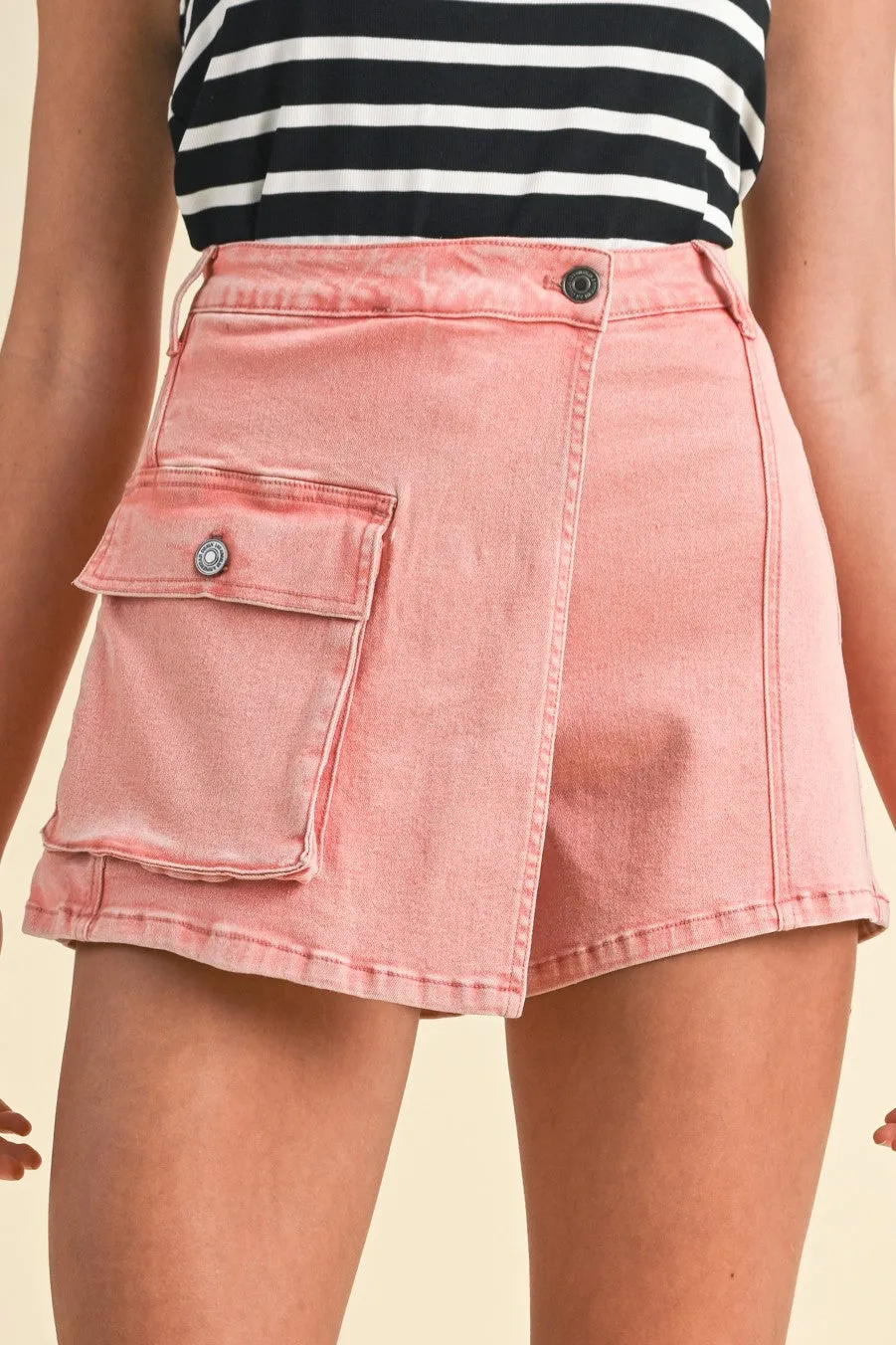 Rose Pink Stretch Mineral Washed Denim Cargo Skort sold by Pinkblush product image thumbnail 2