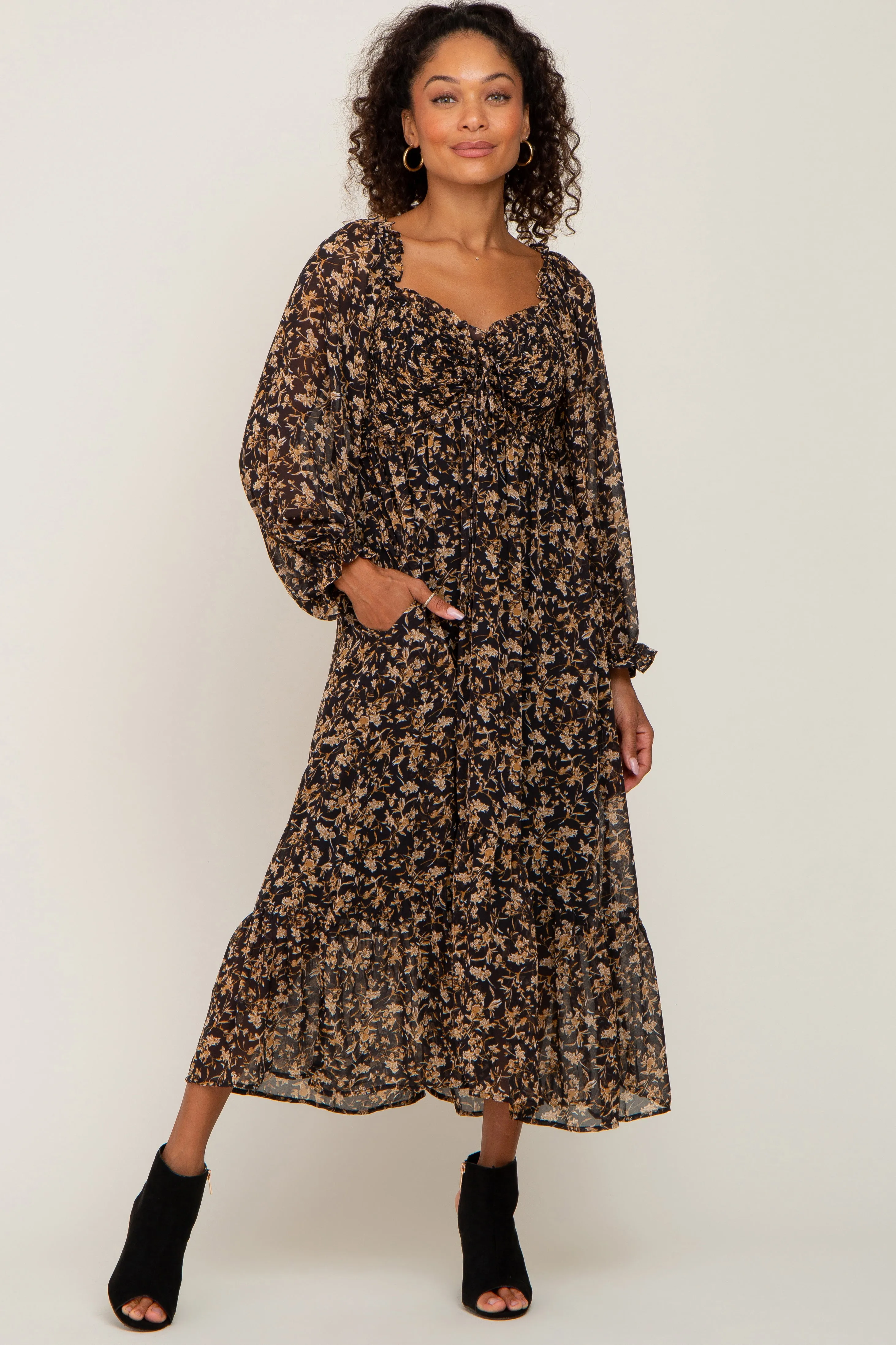 Black Floral Chiffon Ruffle Maternity Maxi Dress sold by Pinkblush product image thumbnail 5
