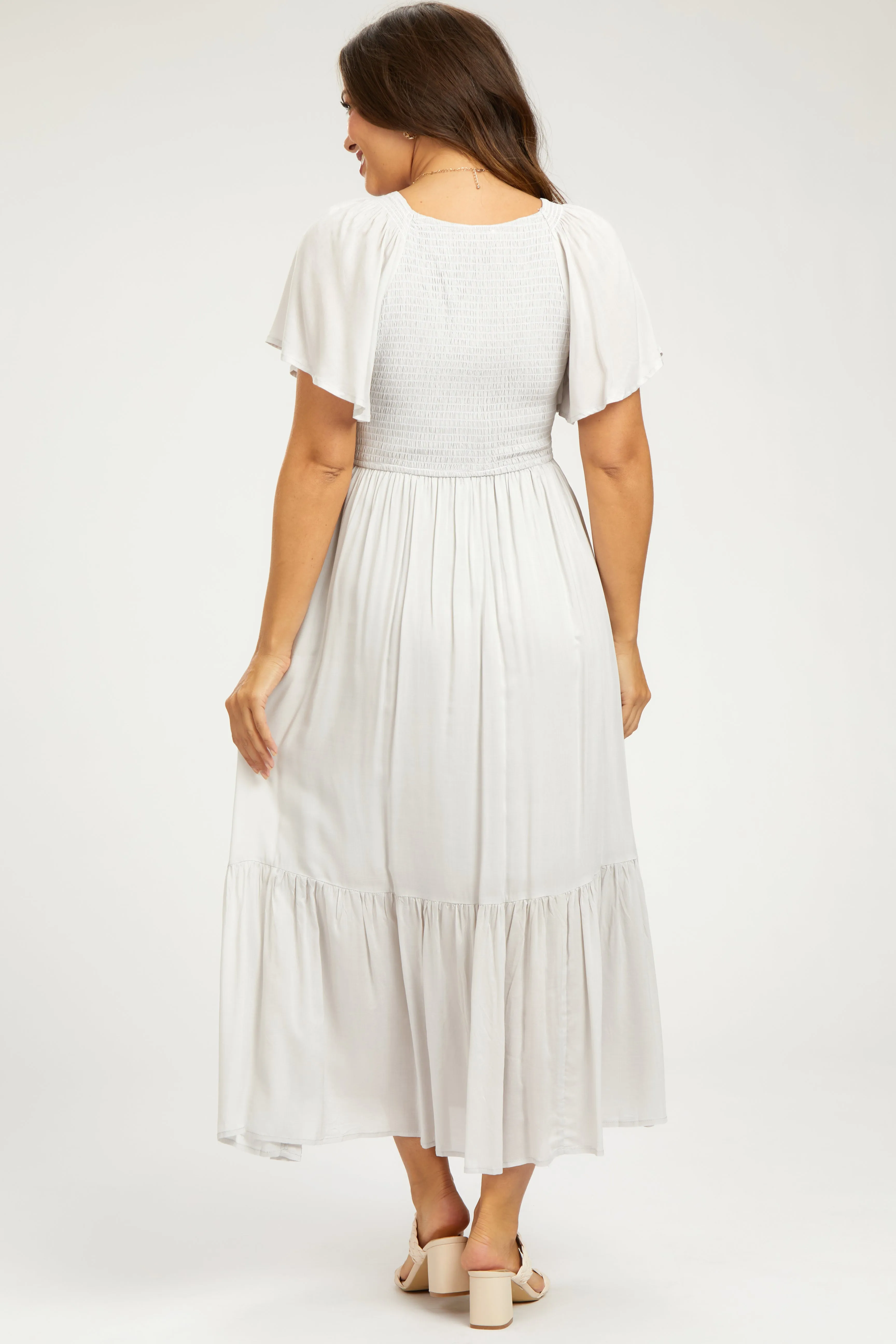 Gray Smocked Flutter Sleeve Maternity Midi Dress sold by Pinkblush product image thumbnail 4