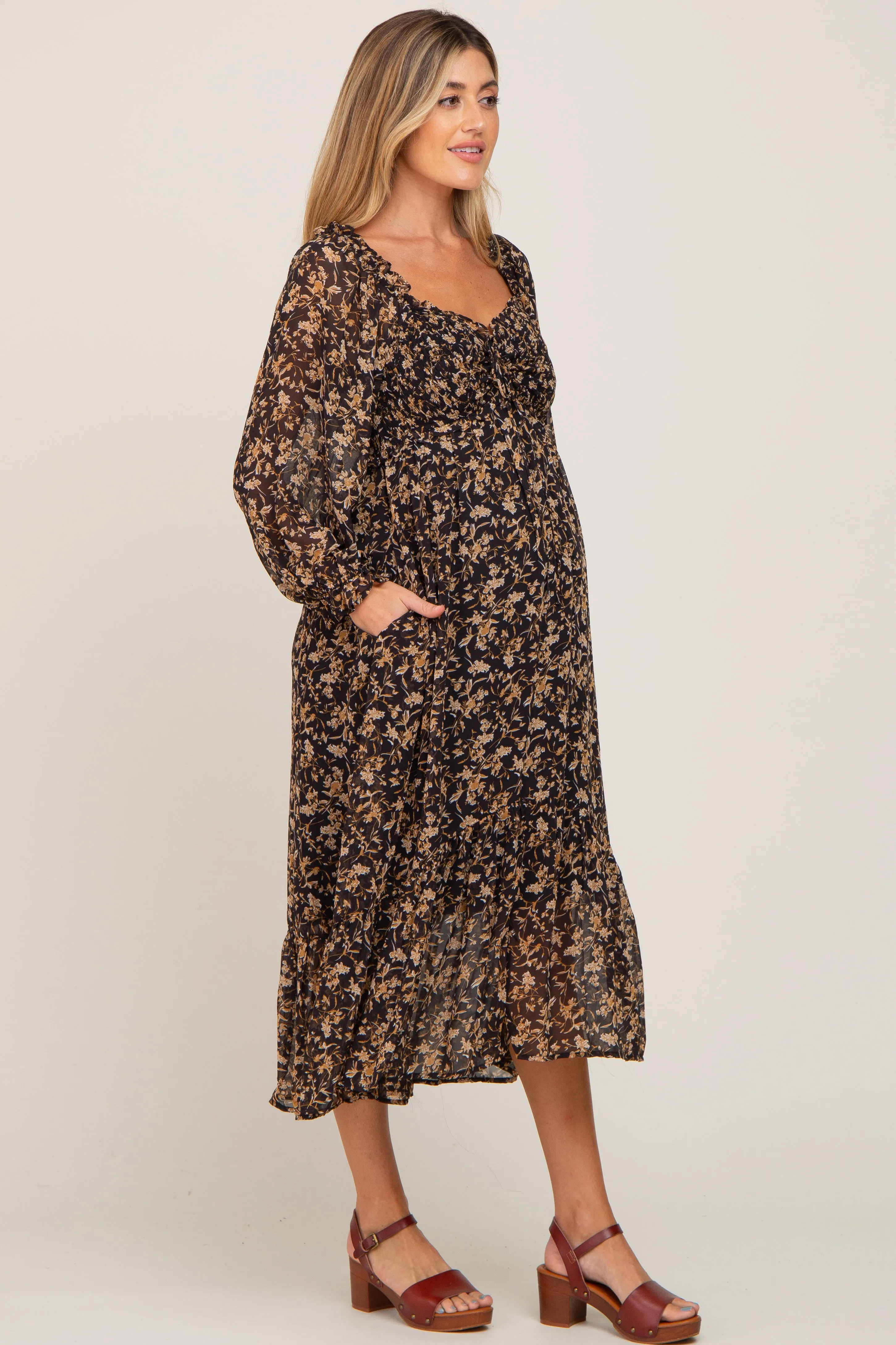 Black Floral Chiffon Ruffle Maternity Maxi Dress sold by Pinkblush product image thumbnail 2