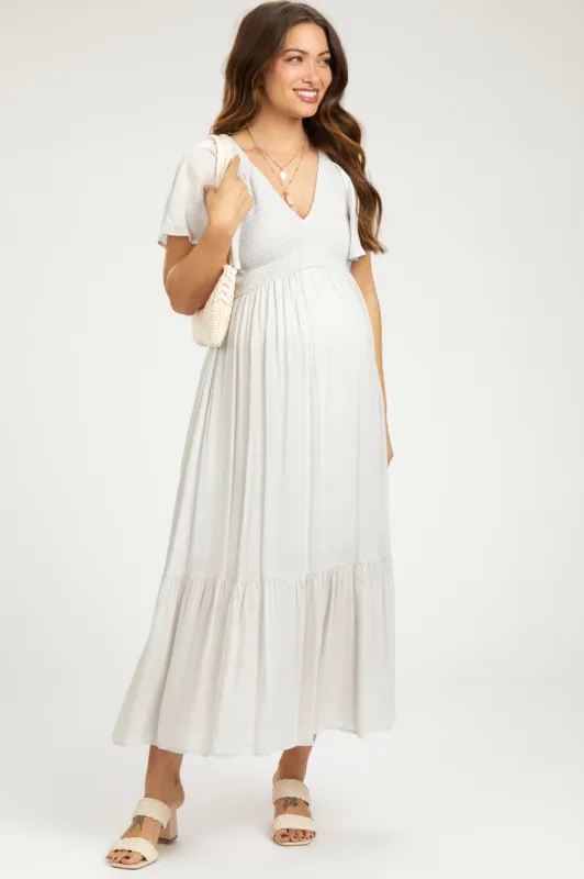 Gray Smocked Flutter Sleeve Maternity Midi Dress sold by Pinkblush