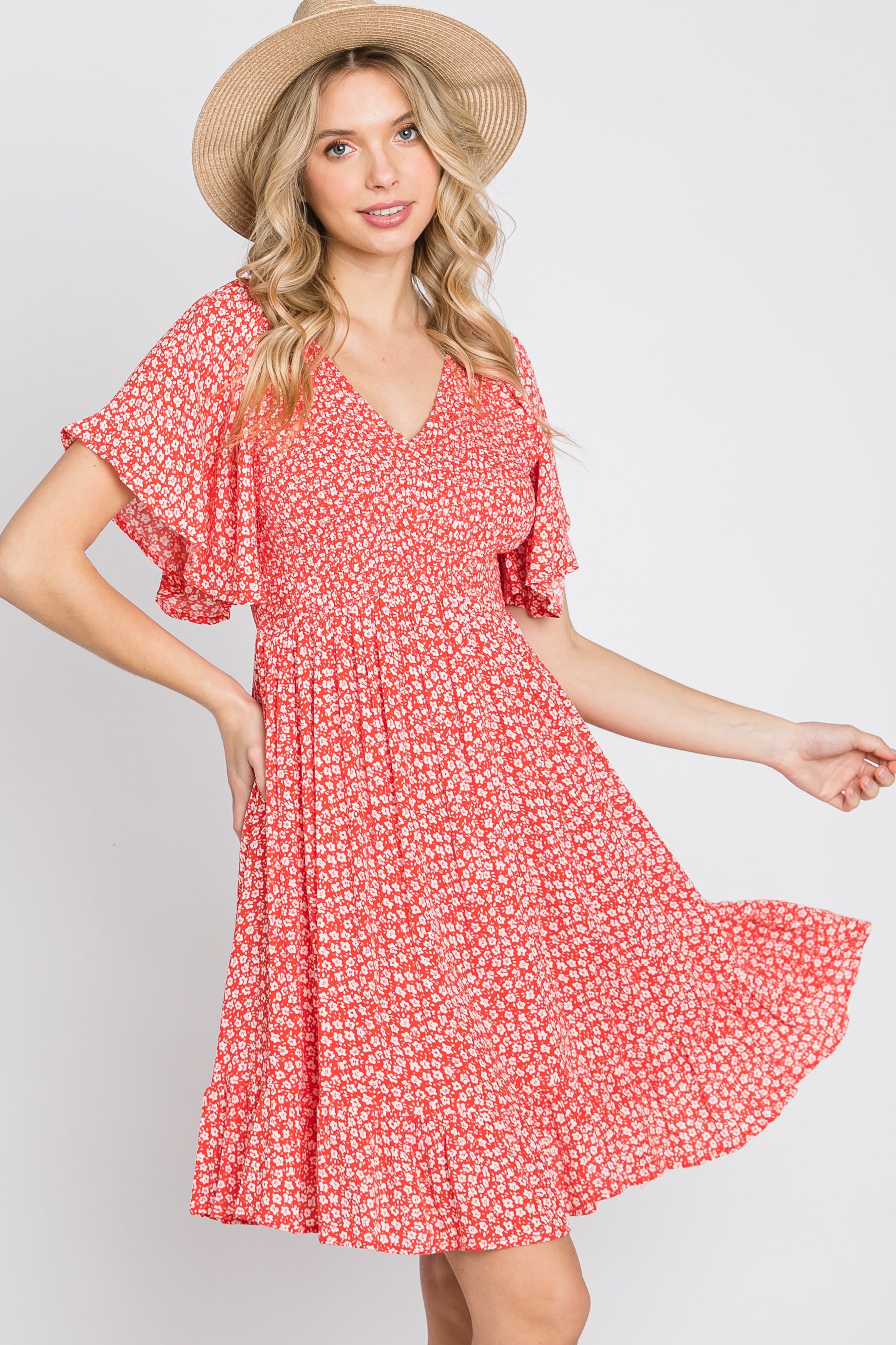 Red Floral Smocked Ruffle Maternity Dress sold by Pinkblush product image thumbnail 6