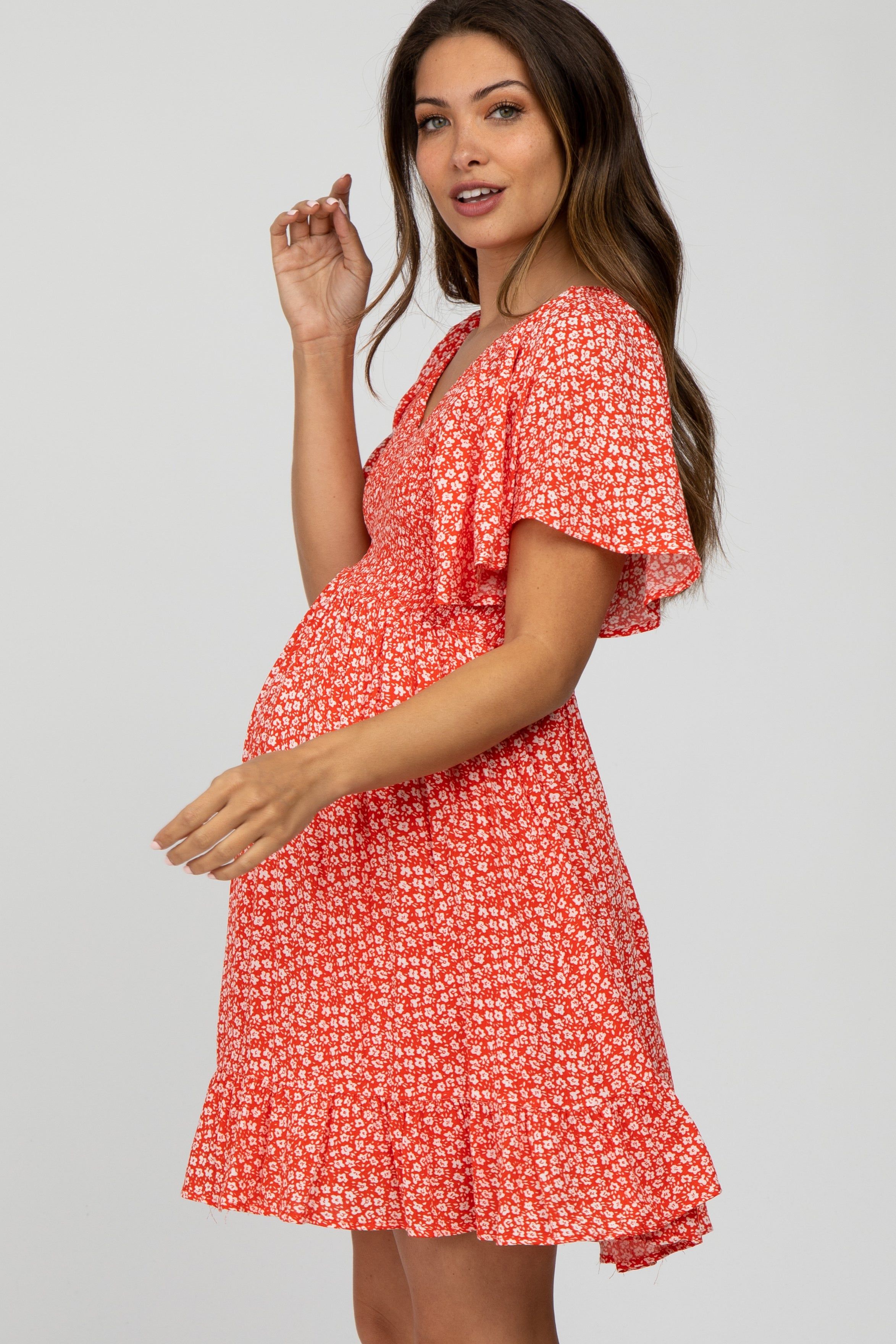 Red Floral Smocked Ruffle Maternity Dress sold by Pinkblush product image thumbnail 3
