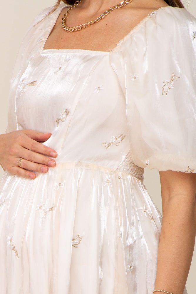 Cream Floral Embroidered Puff Sleeve Maternity Maxi Dress sold by Pinkblush product image thumbnail 4
