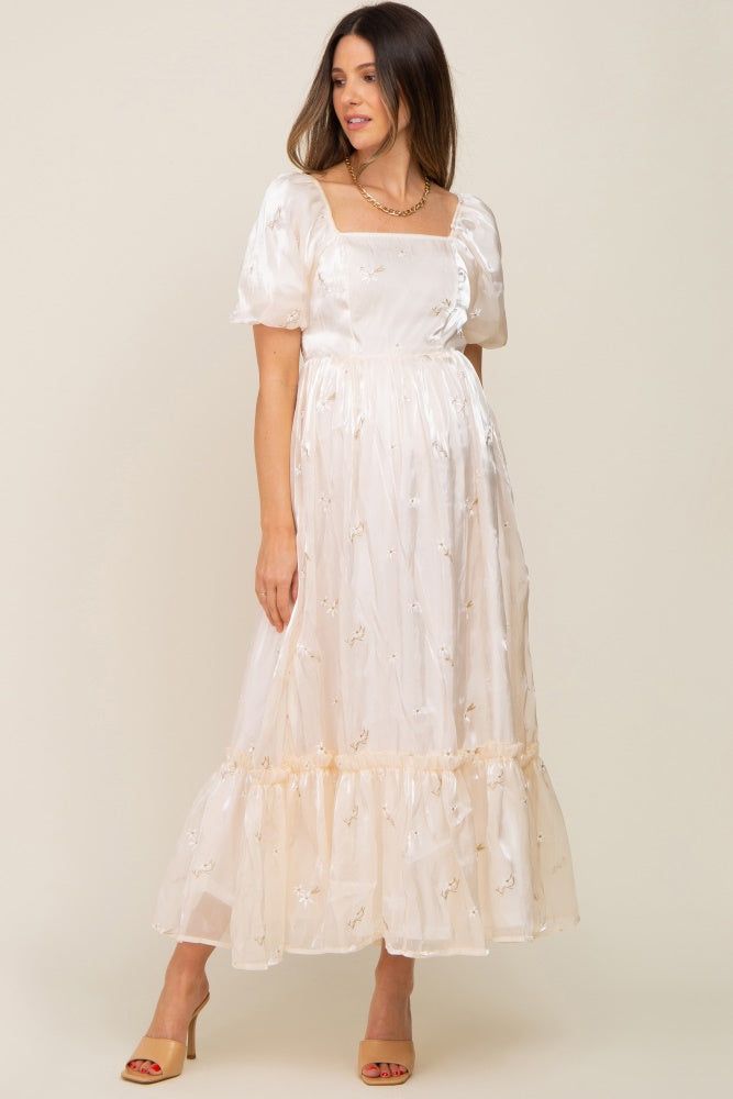 Cream Floral Embroidered Puff Sleeve Maternity Maxi Dress sold by Pinkblush