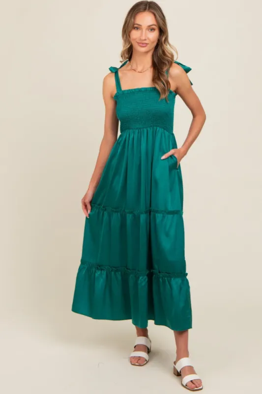 Forest Green Satin Smocked Maxi Dress sold by Pinkblush