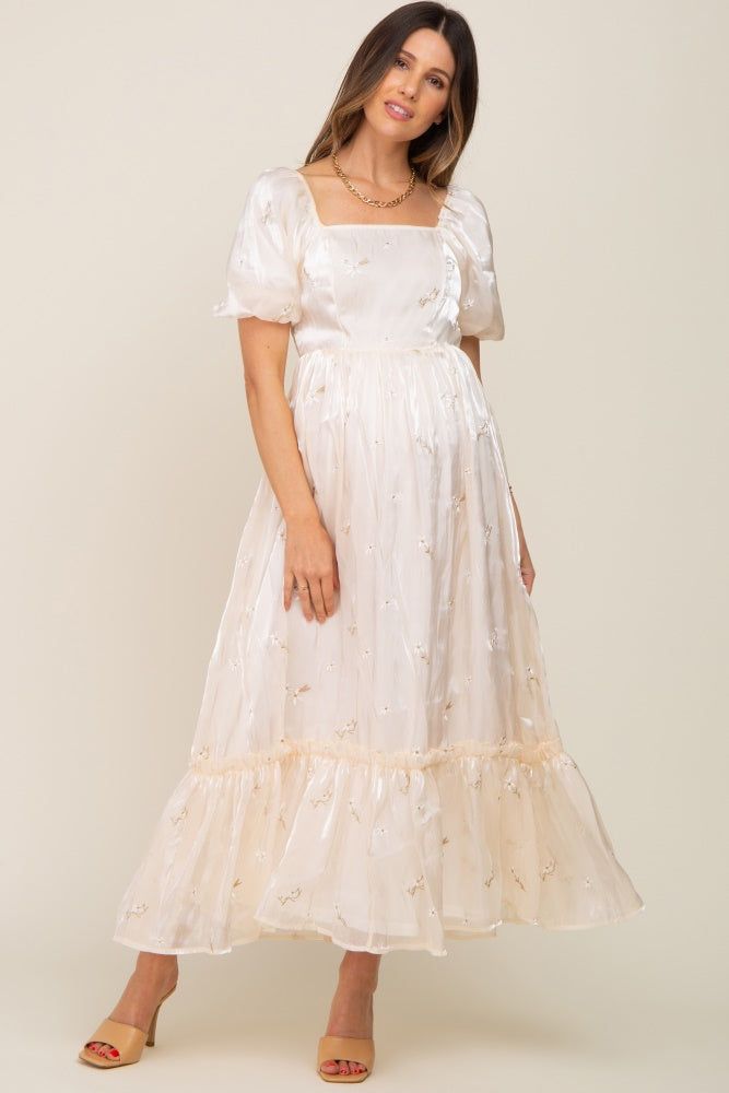 Cream Floral Embroidered Puff Sleeve Maternity Maxi Dress sold by Pinkblush product image thumbnail 5