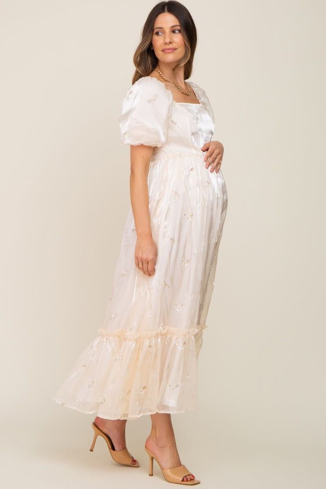 Cream Floral Embroidered Puff Sleeve Maternity Maxi Dress sold by Pinkblush product image thumbnail 2