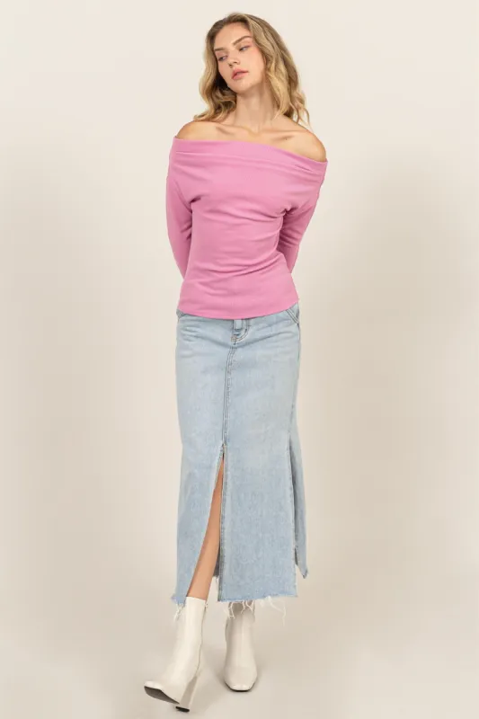 Rose Pink Off Shoulder Ribbed Knit Top sold by Pinkblush