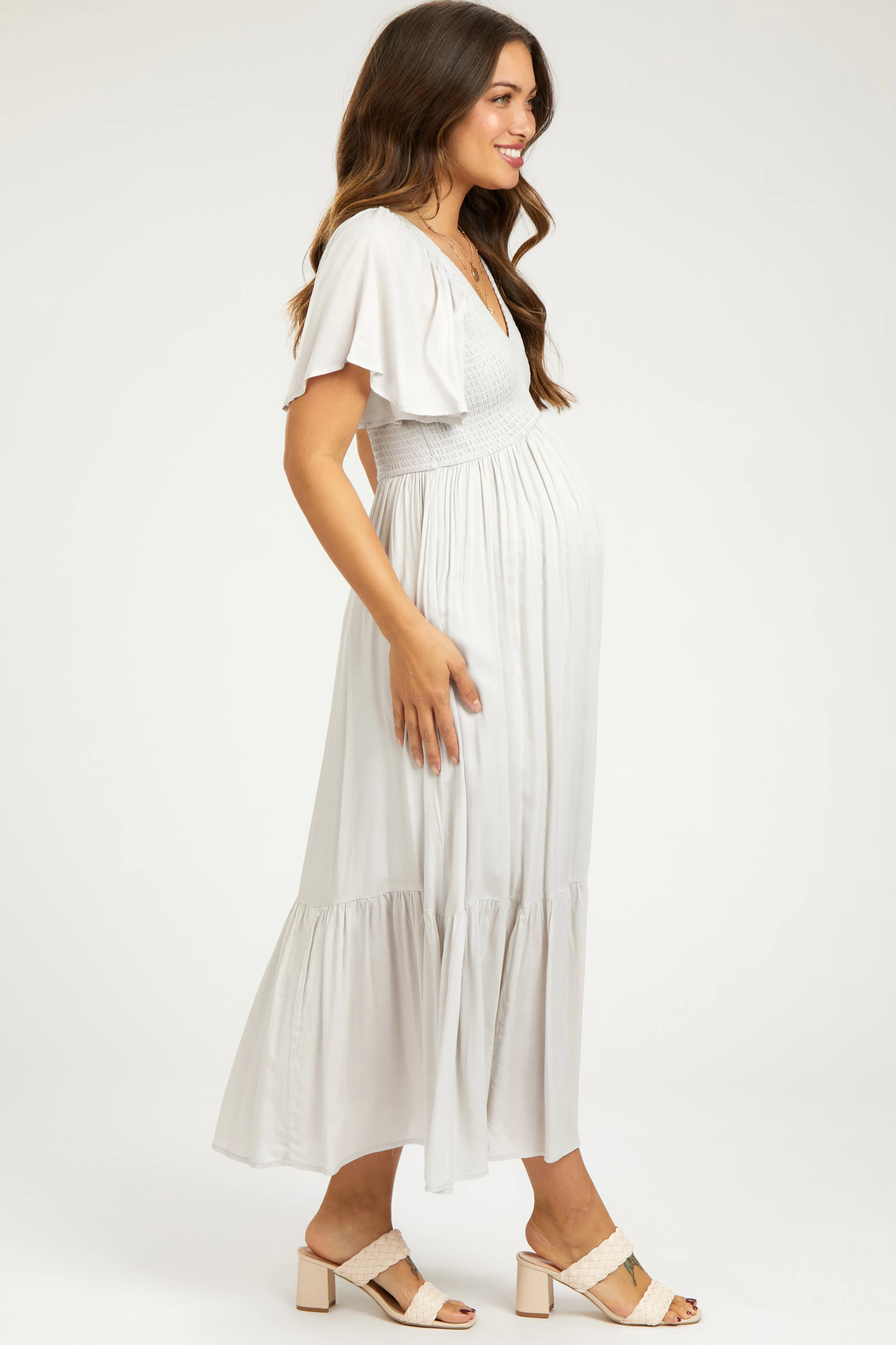 Gray Smocked Flutter Sleeve Maternity Midi Dress sold by Pinkblush product image thumbnail 3