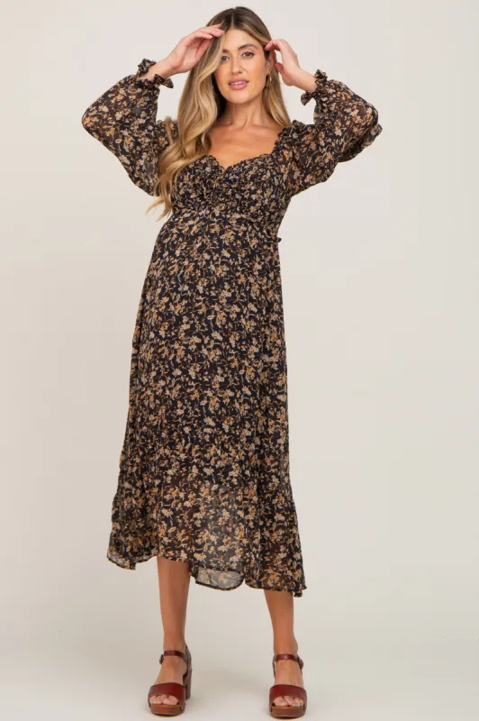 Black Floral Chiffon Ruffle Maternity Maxi Dress sold by Pinkblush