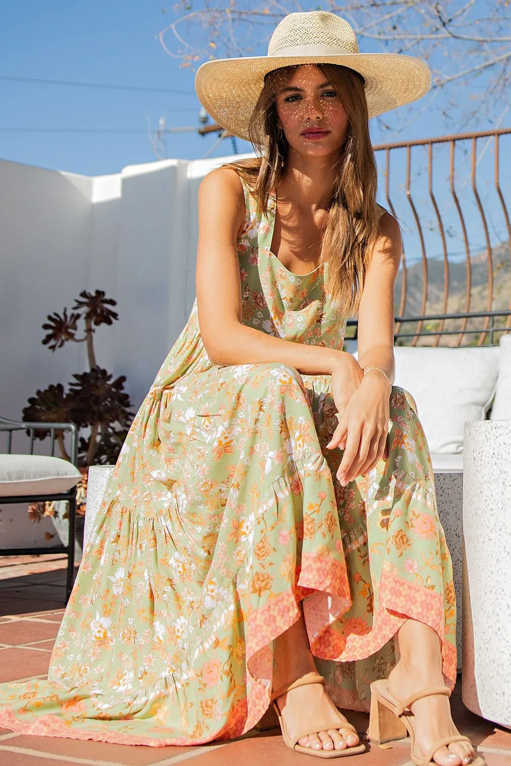 Light Olive Floral Sleeveless Tiered Midi Dress sold by Pinkblush