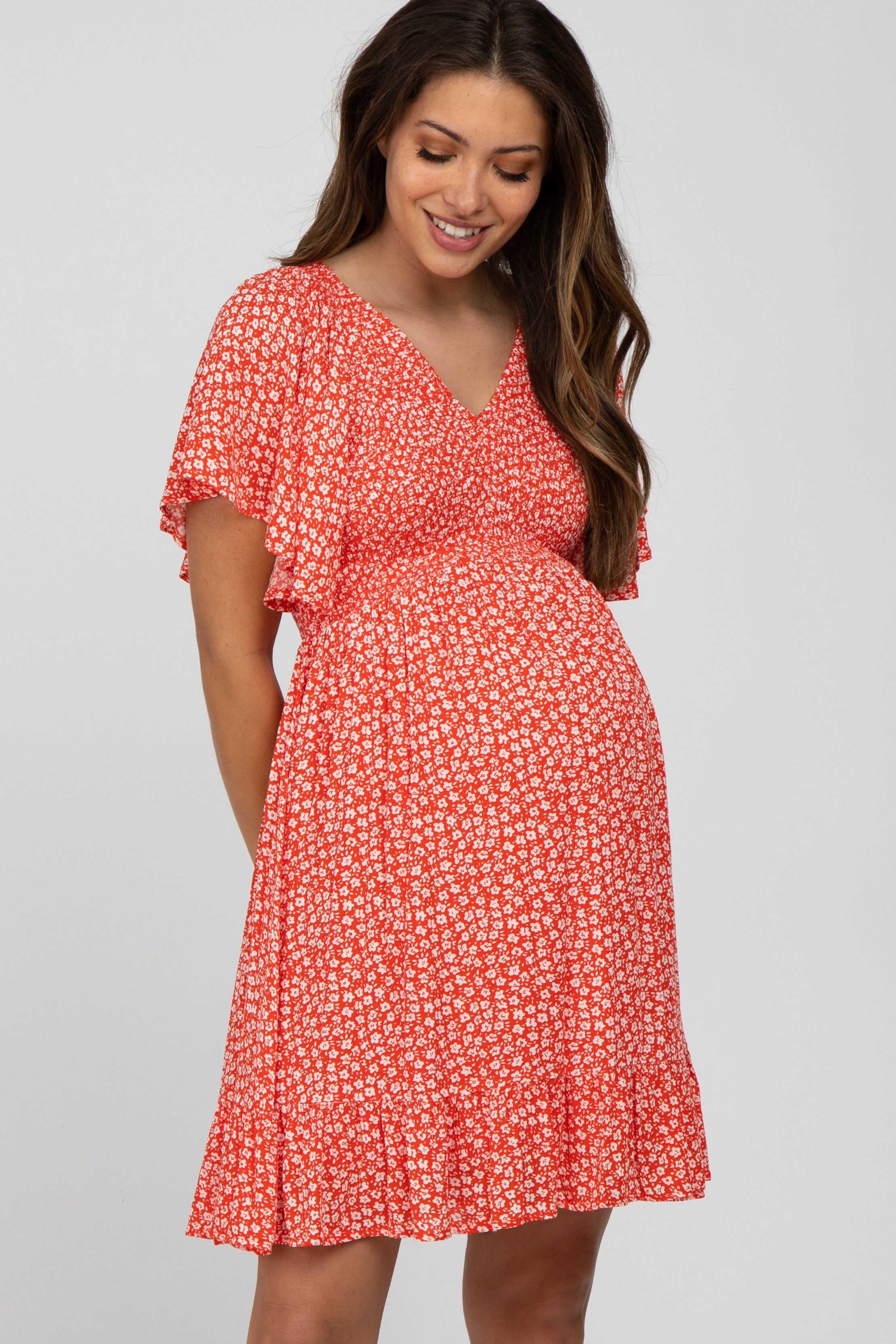 Red Floral Smocked Ruffle Maternity Dress sold by Pinkblush product image thumbnail 2