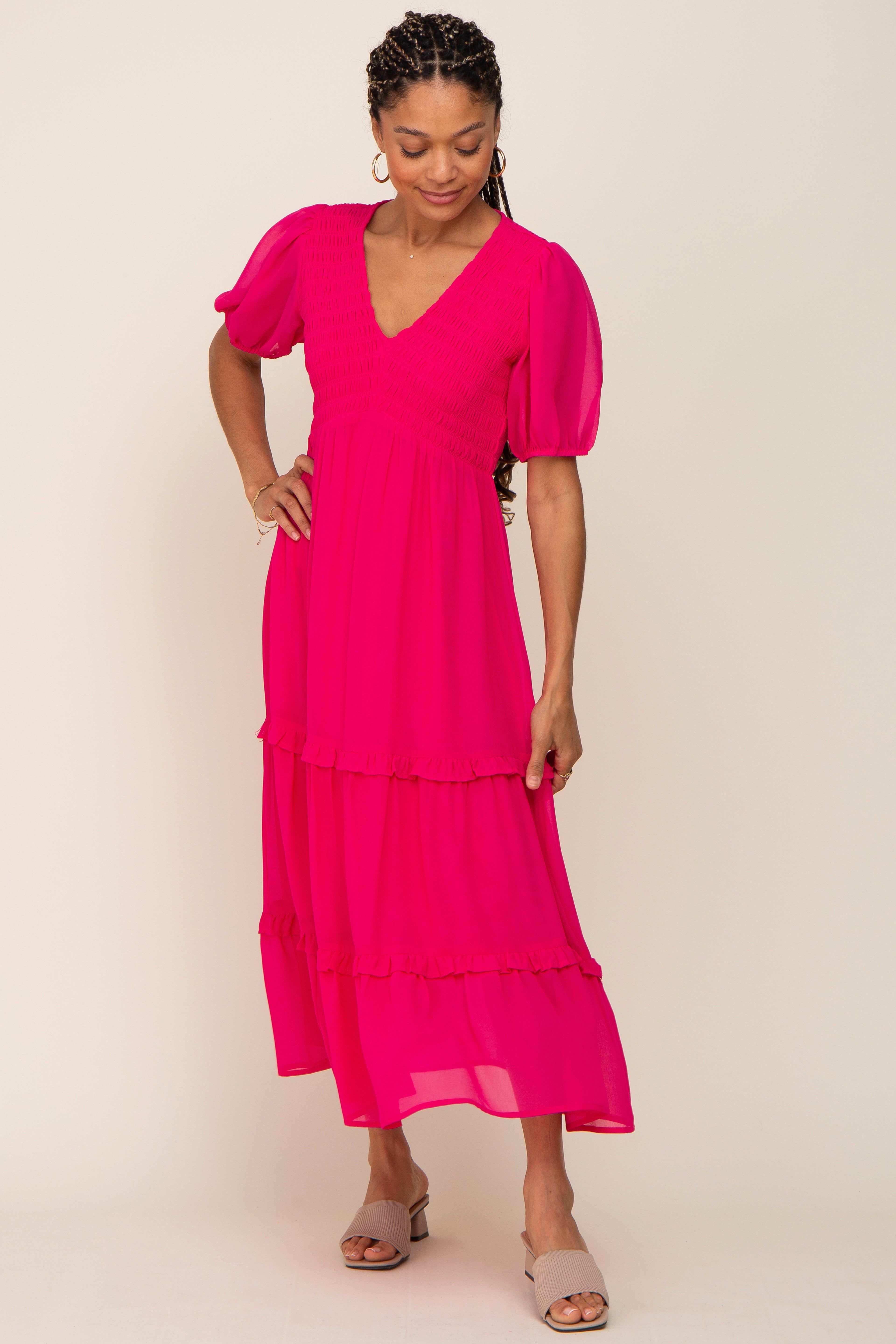 Fuchsia Chiffon Smocked V-Neck Ruffle Tiered Midi Dress sold by Pinkblush product image thumbnail 4