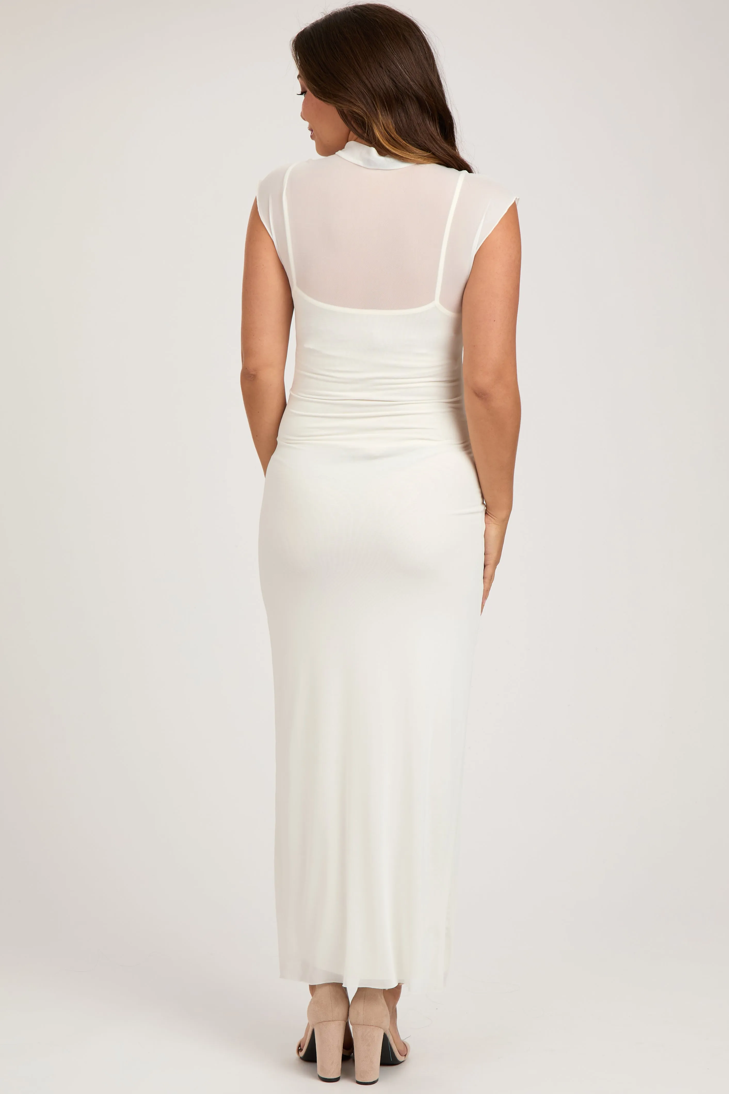 Ivory Mock Neck Sleeveless Mesh Maternity Midi Dress sold by Pinkblush product image thumbnail 3
