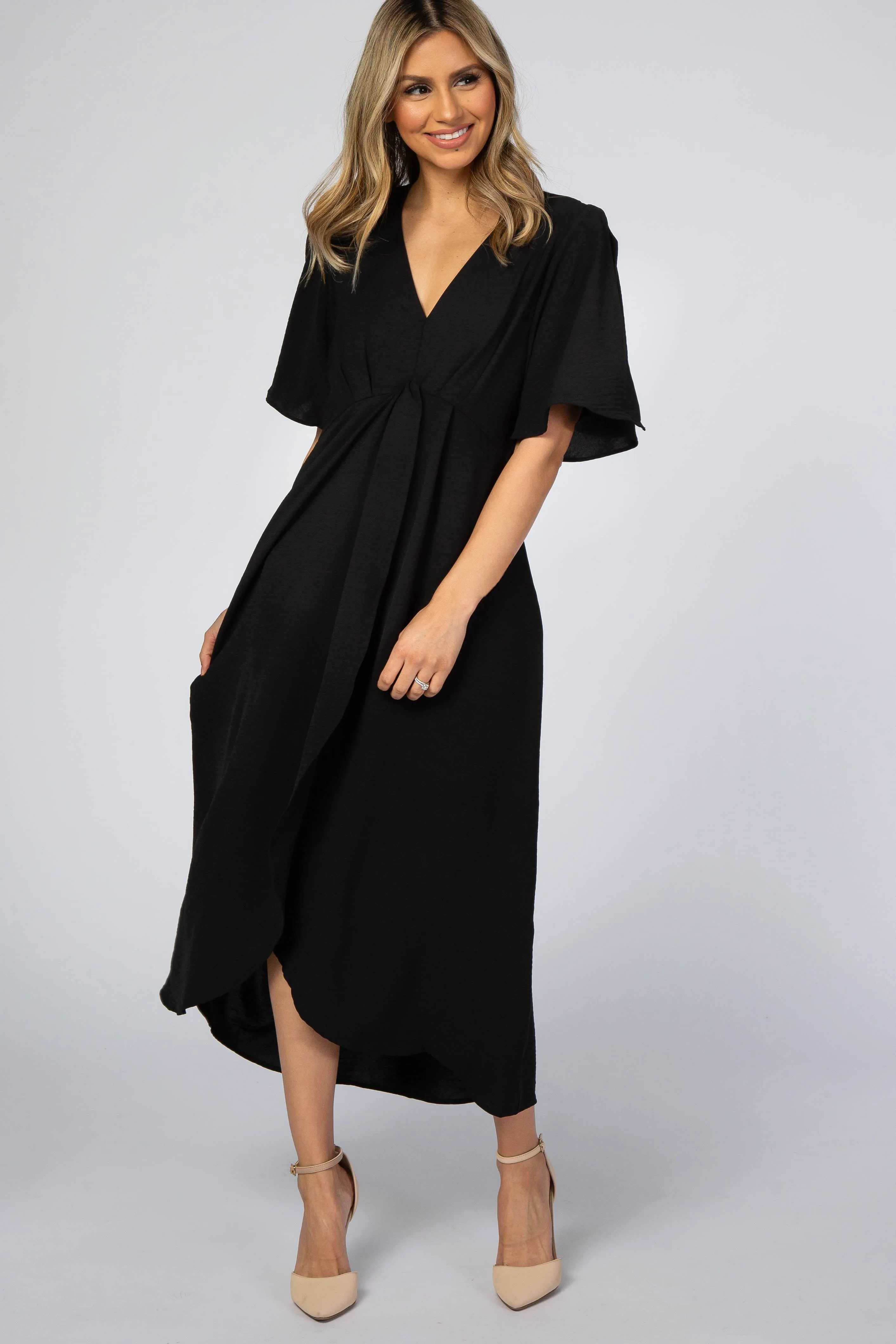Black Open Sleeve Maternity Wrap Midi Dress sold by Pinkblush product image thumbnail 4