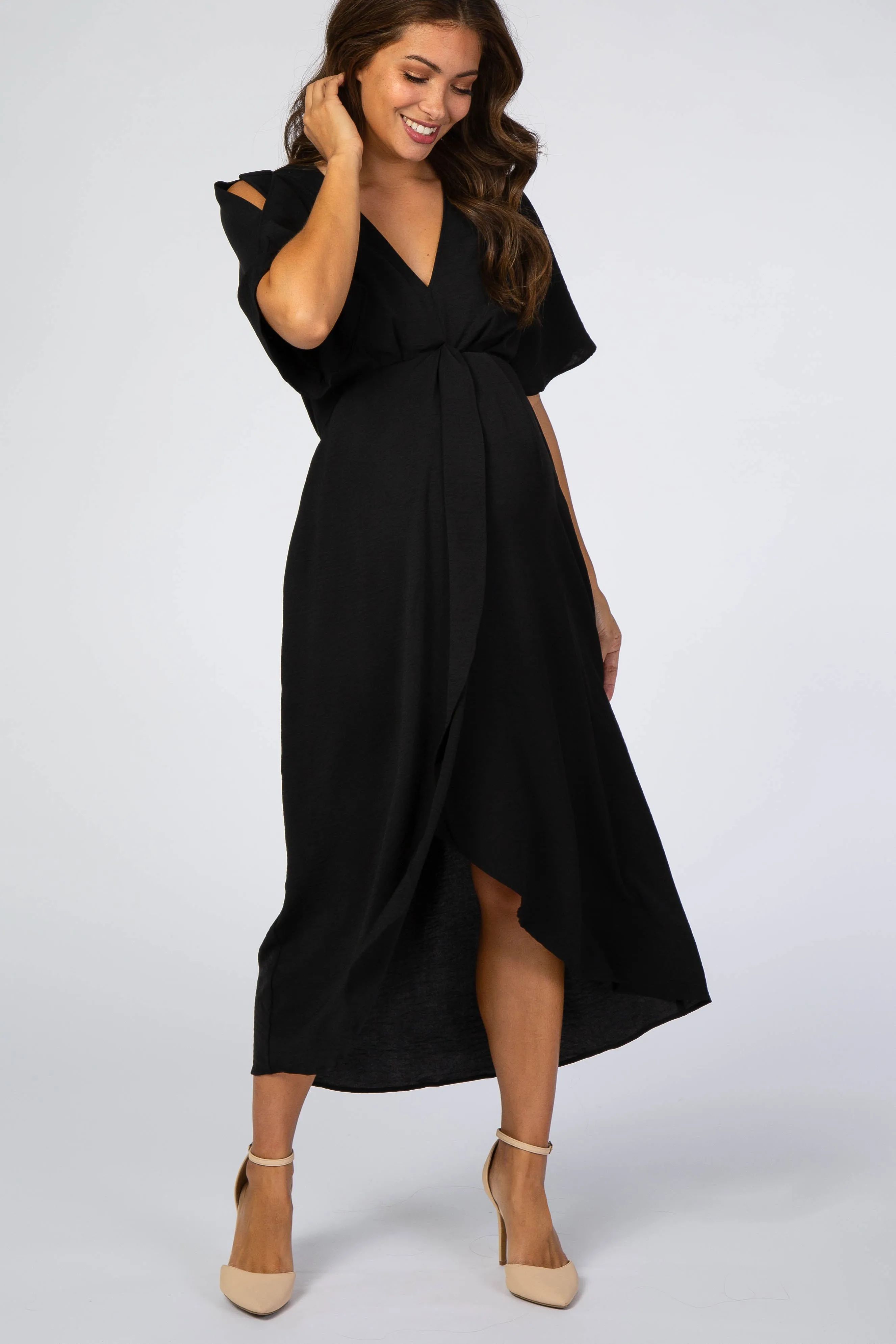 Black Open Sleeve Maternity Wrap Midi Dress sold by Pinkblush