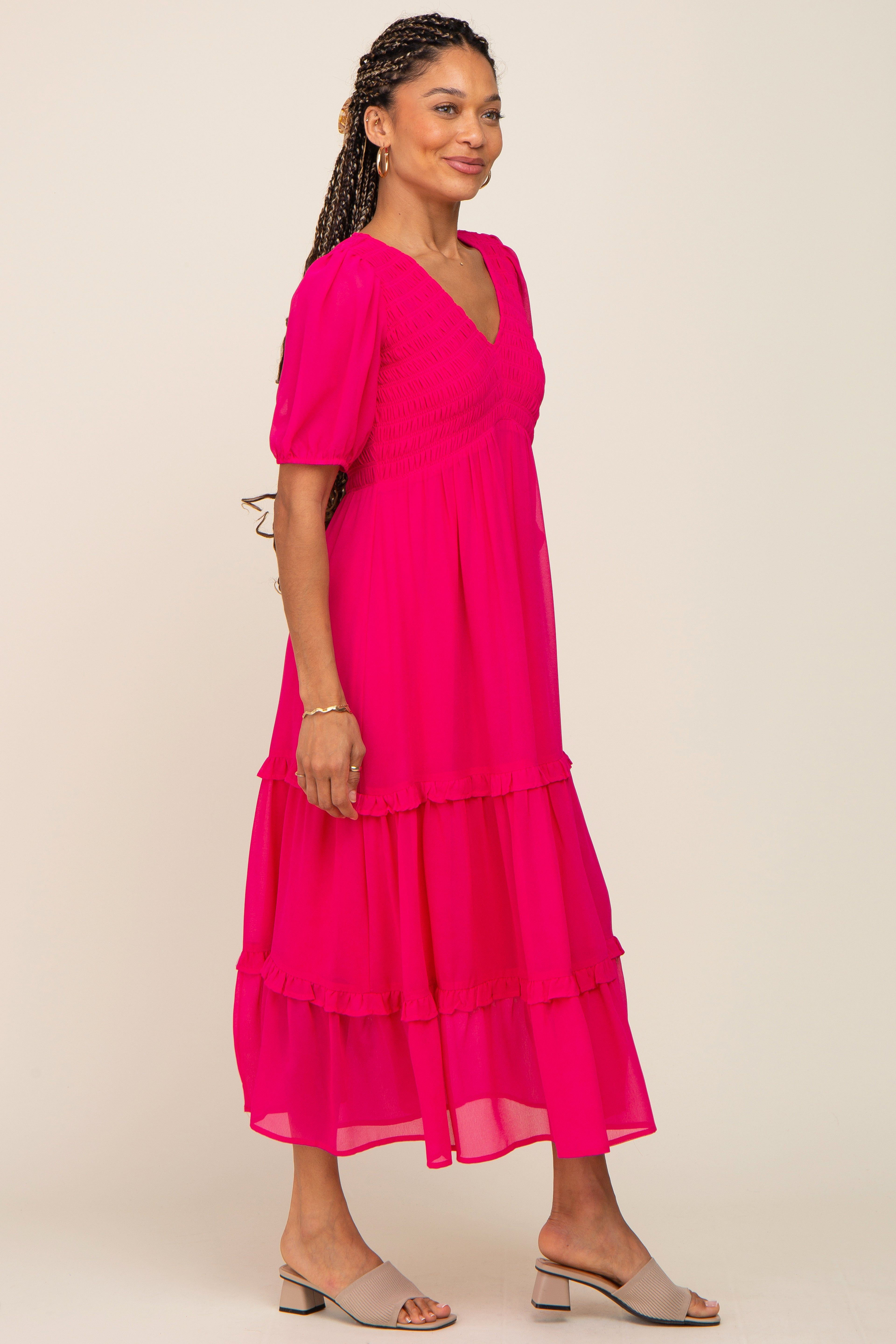 Fuchsia Chiffon Smocked V-Neck Ruffle Tiered Midi Dress sold by Pinkblush product image thumbnail 2