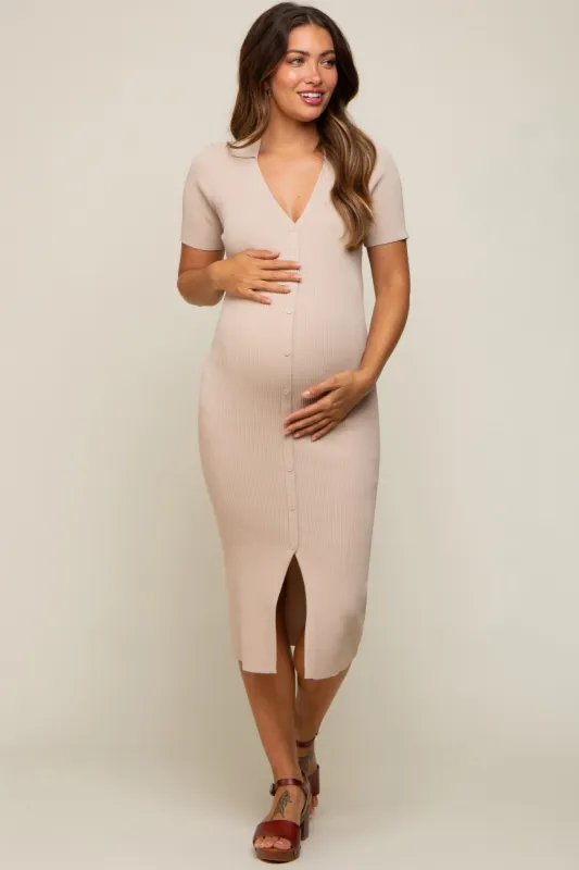 Taupe Collared Button Front Ribbed Maternity Midi Dress sold by Pinkblush