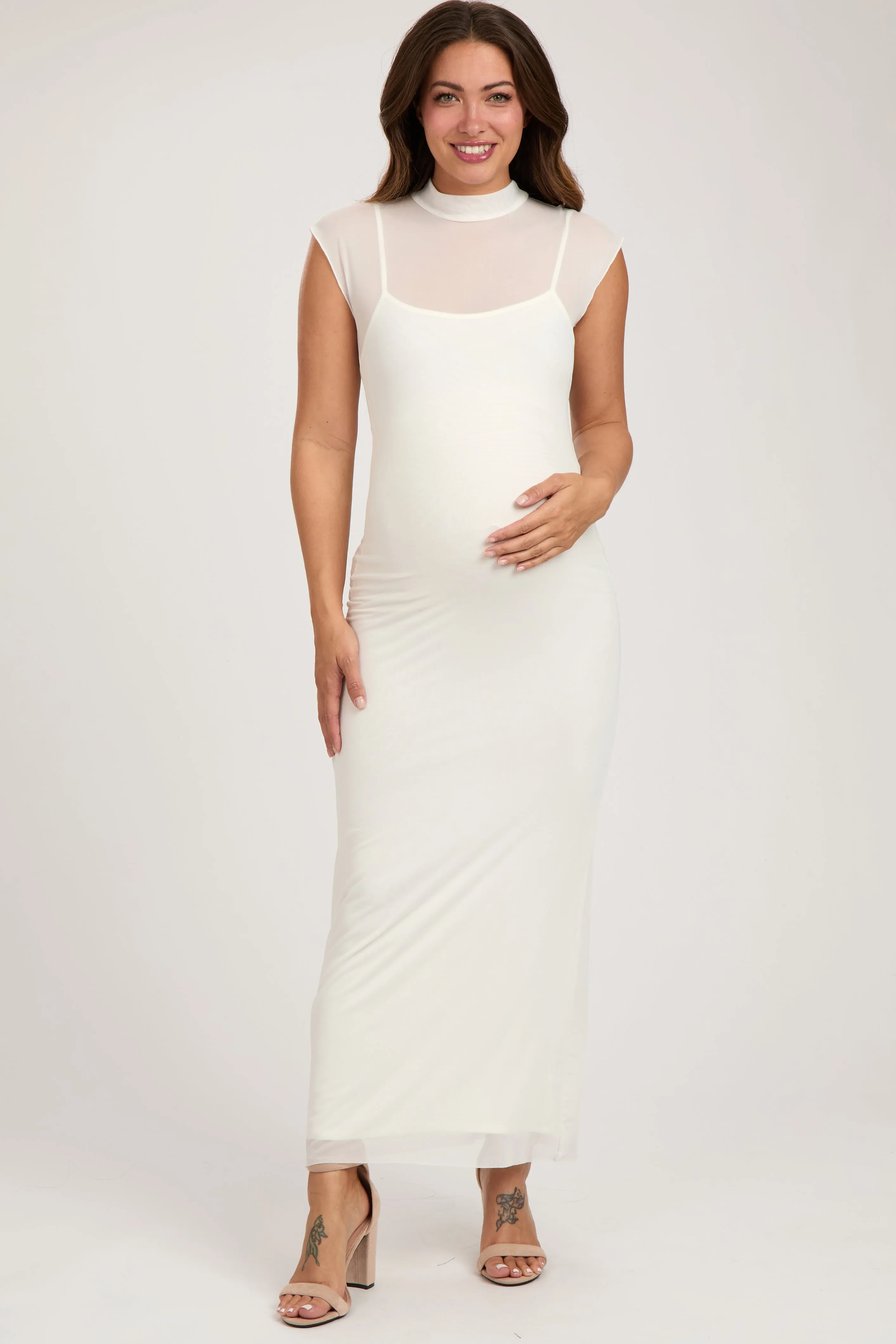 Ivory Mock Neck Sleeveless Mesh Maternity Midi Dress sold by Pinkblush
