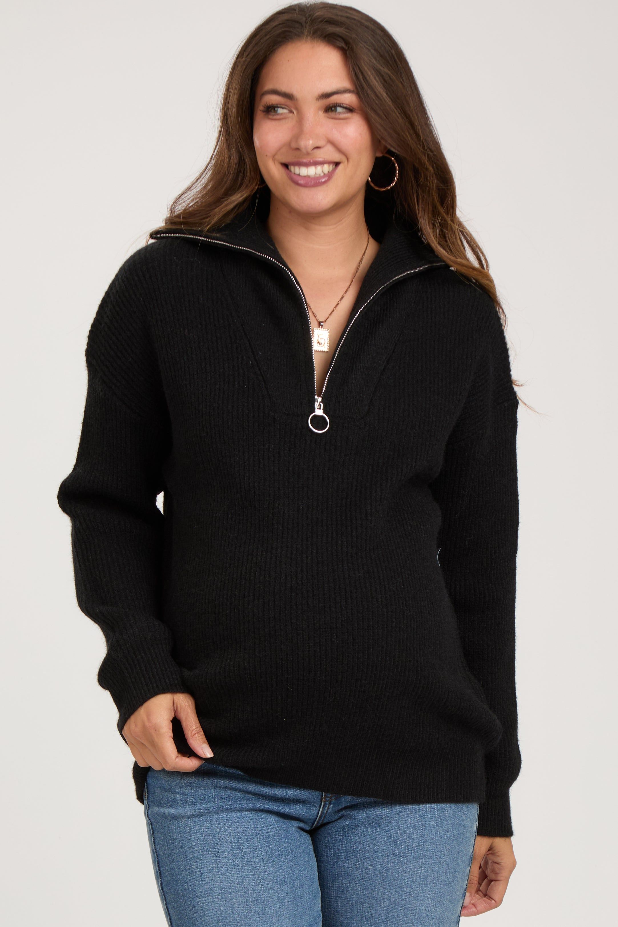 Black Half Zip Maternity Sweater sold by Pinkblush