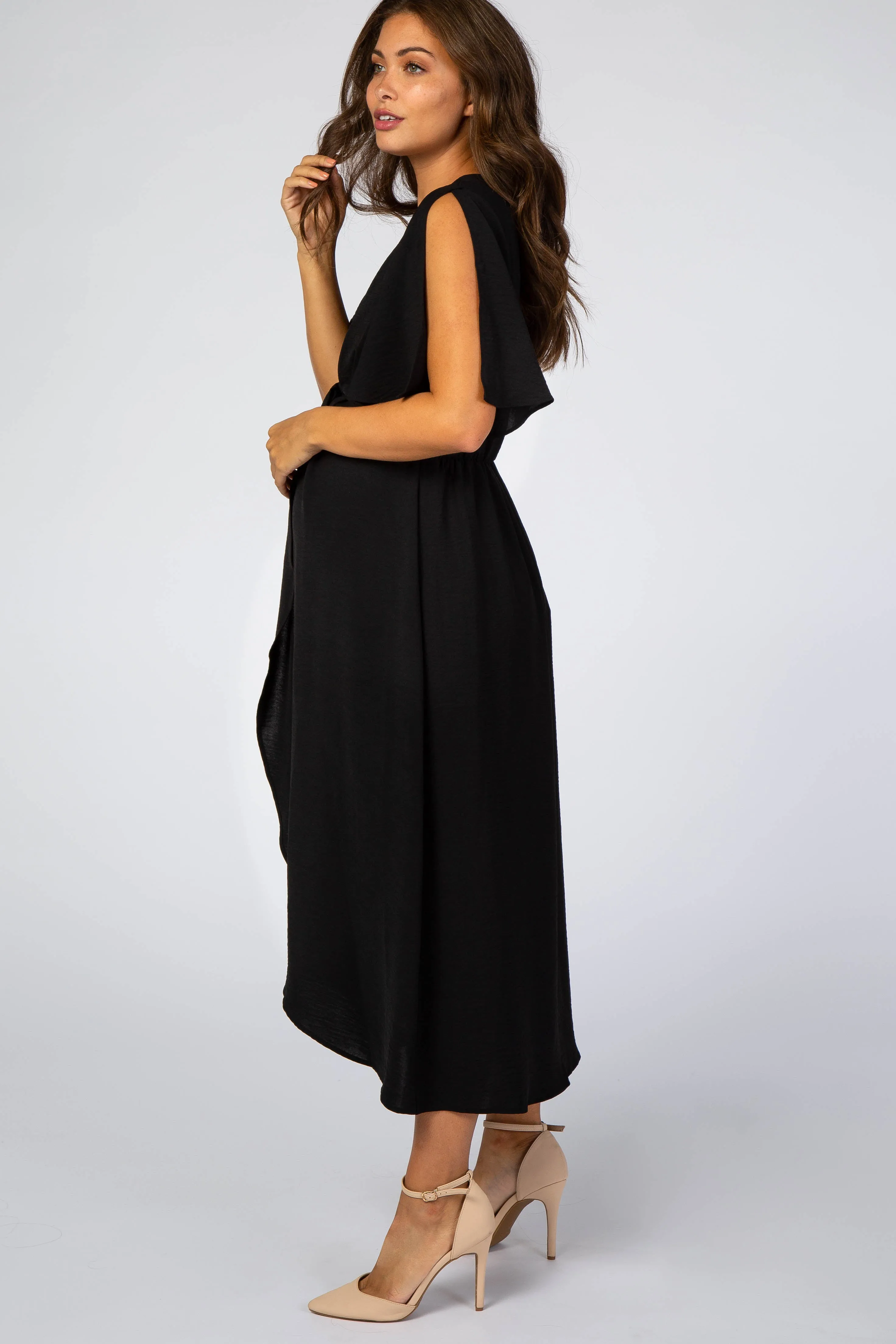 Black Open Sleeve Maternity Wrap Midi Dress sold by Pinkblush product image thumbnail 2