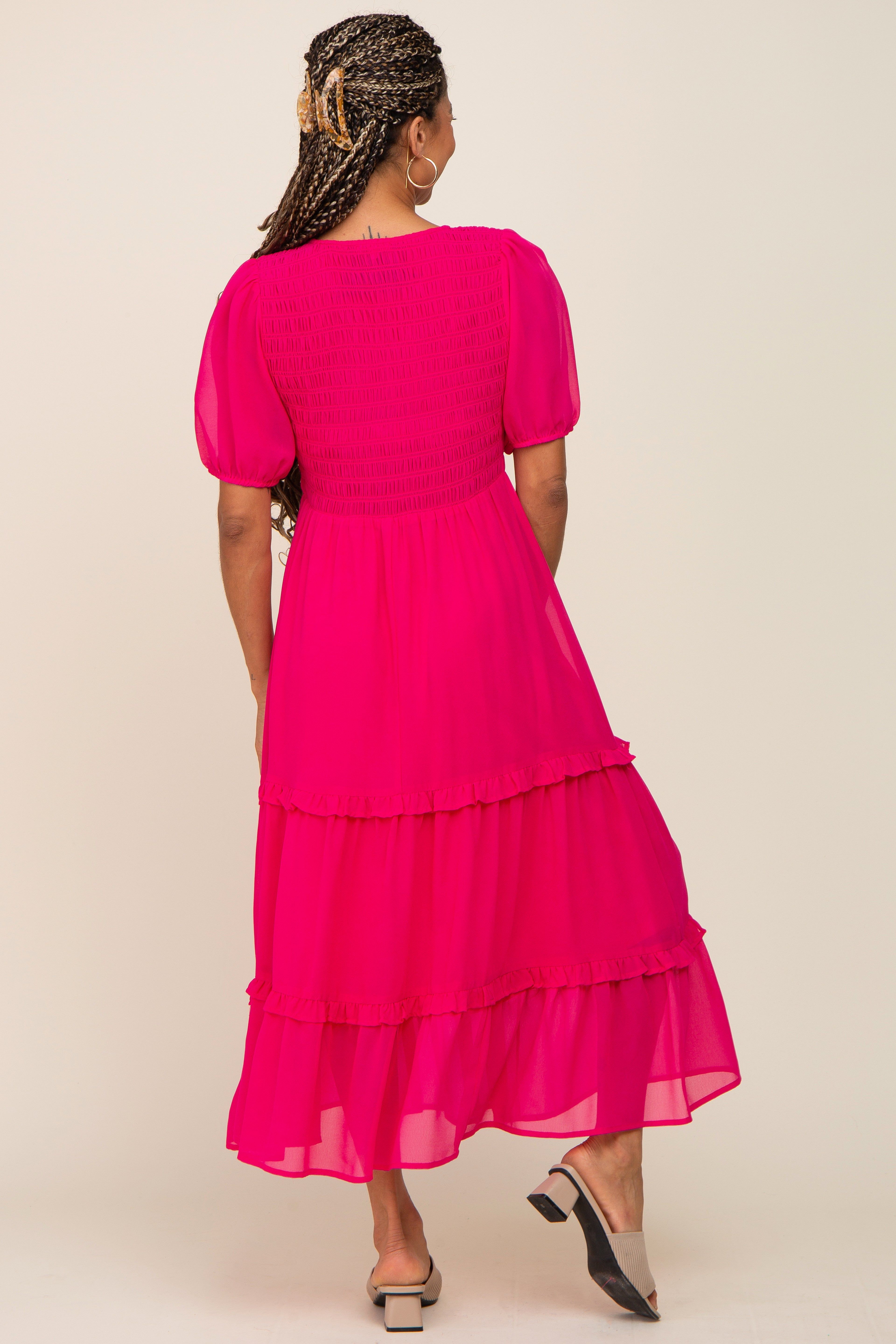 Fuchsia Chiffon Smocked V-Neck Ruffle Tiered Midi Dress sold by Pinkblush product image thumbnail 3