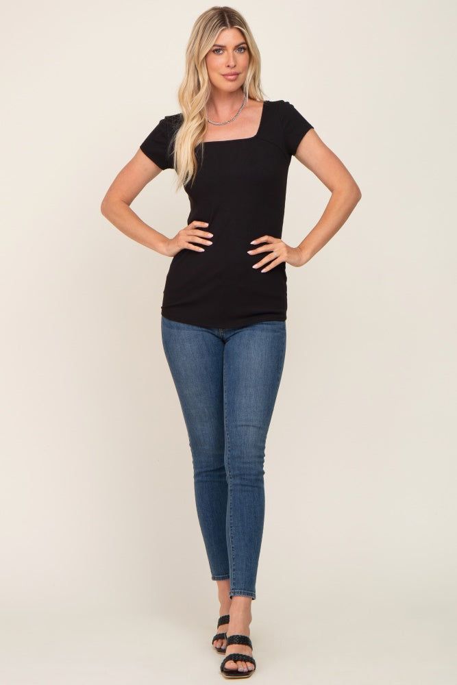 Black Ribbed Squared Neck Cap Sleeve Top sold by Pinkblush product image thumbnail 4