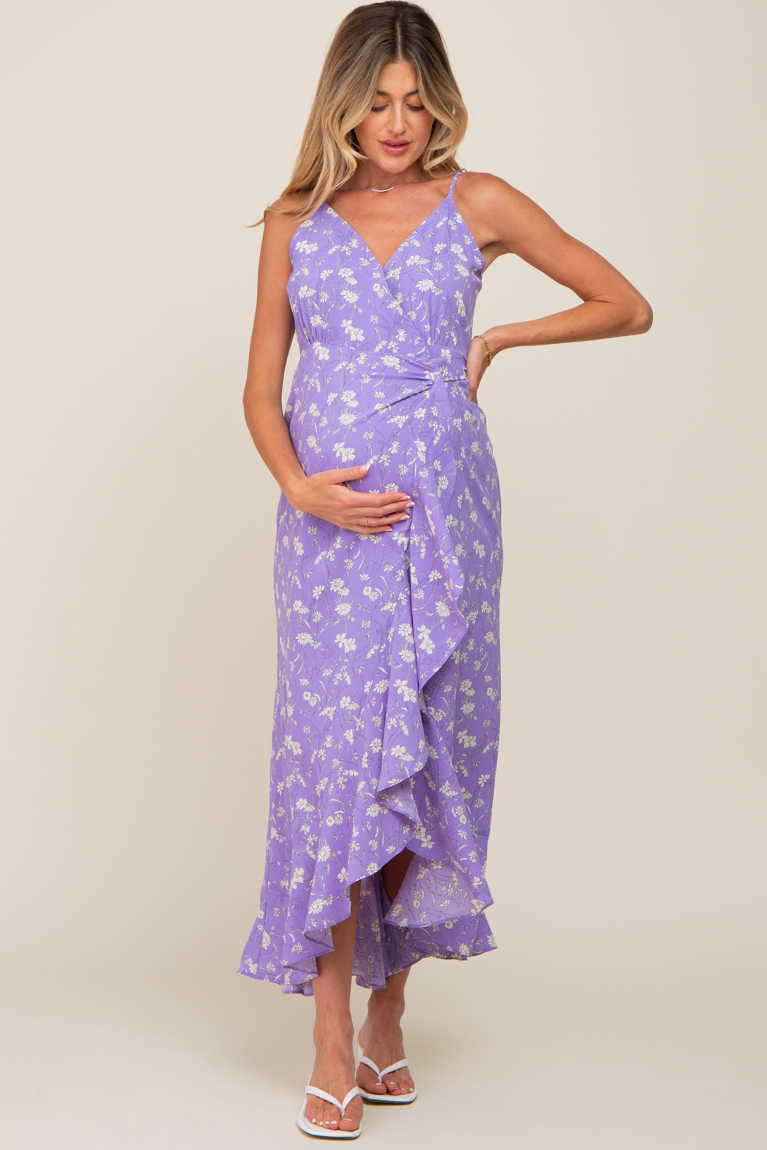 Lavender Floral Flounce Hi-Lo Maternity Wrap Maxi Dress sold by Pinkblush product image thumbnail 4