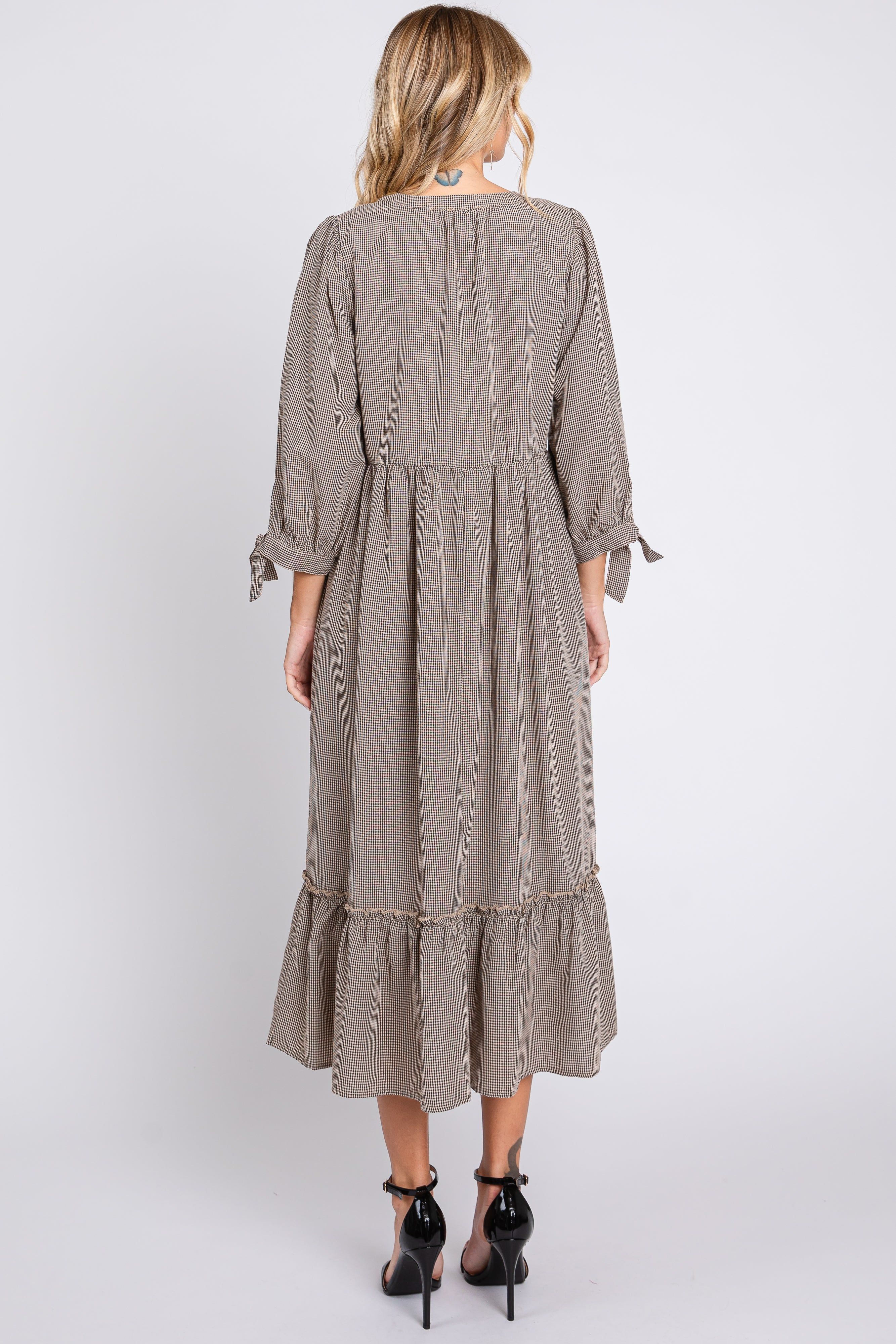 Taupe Gingham Front Button Sleeve Tie Midi Dress sold by Pinkblush product image thumbnail 3