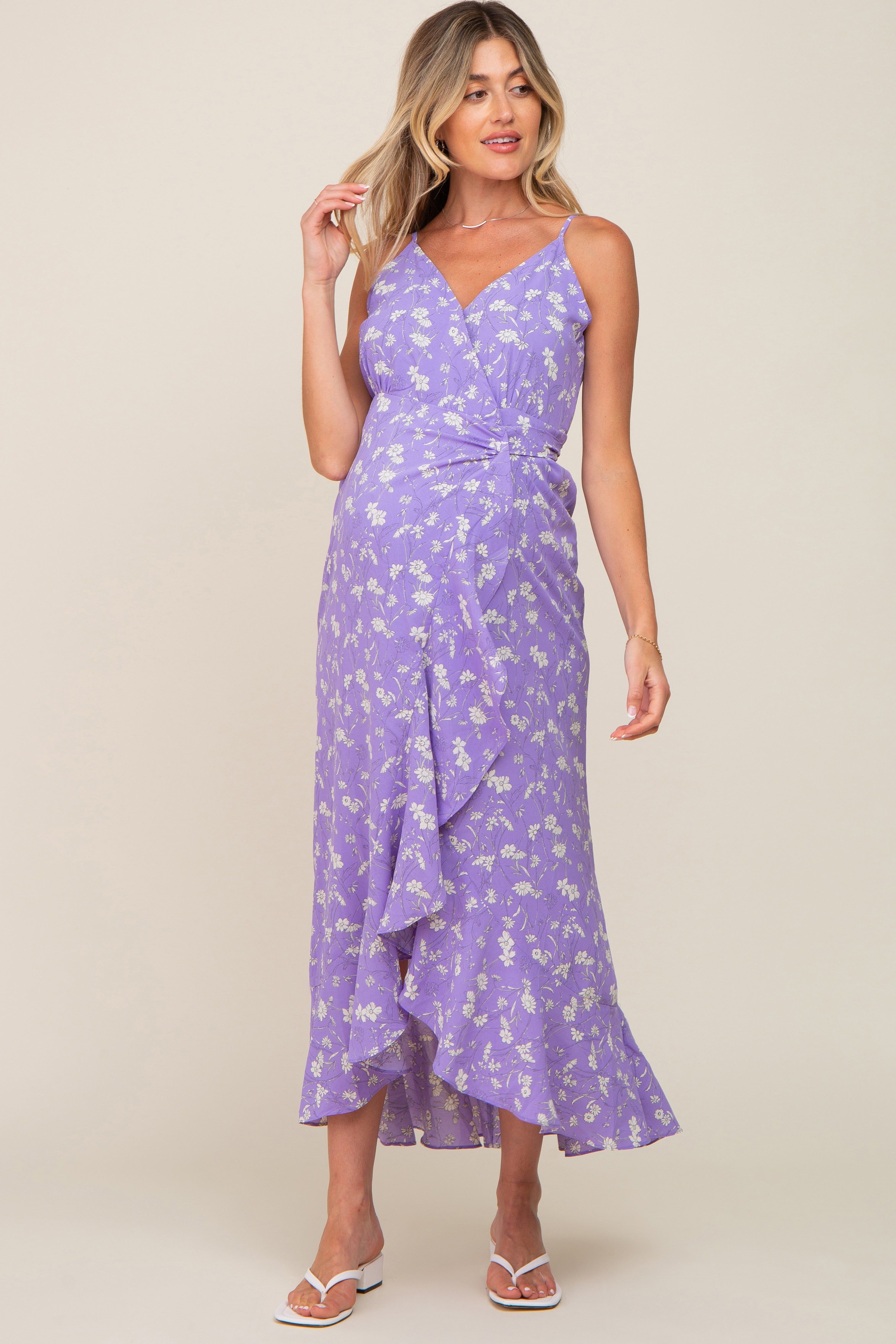 Lavender Floral Flounce Hi-Lo Maternity Wrap Maxi Dress sold by Pinkblush