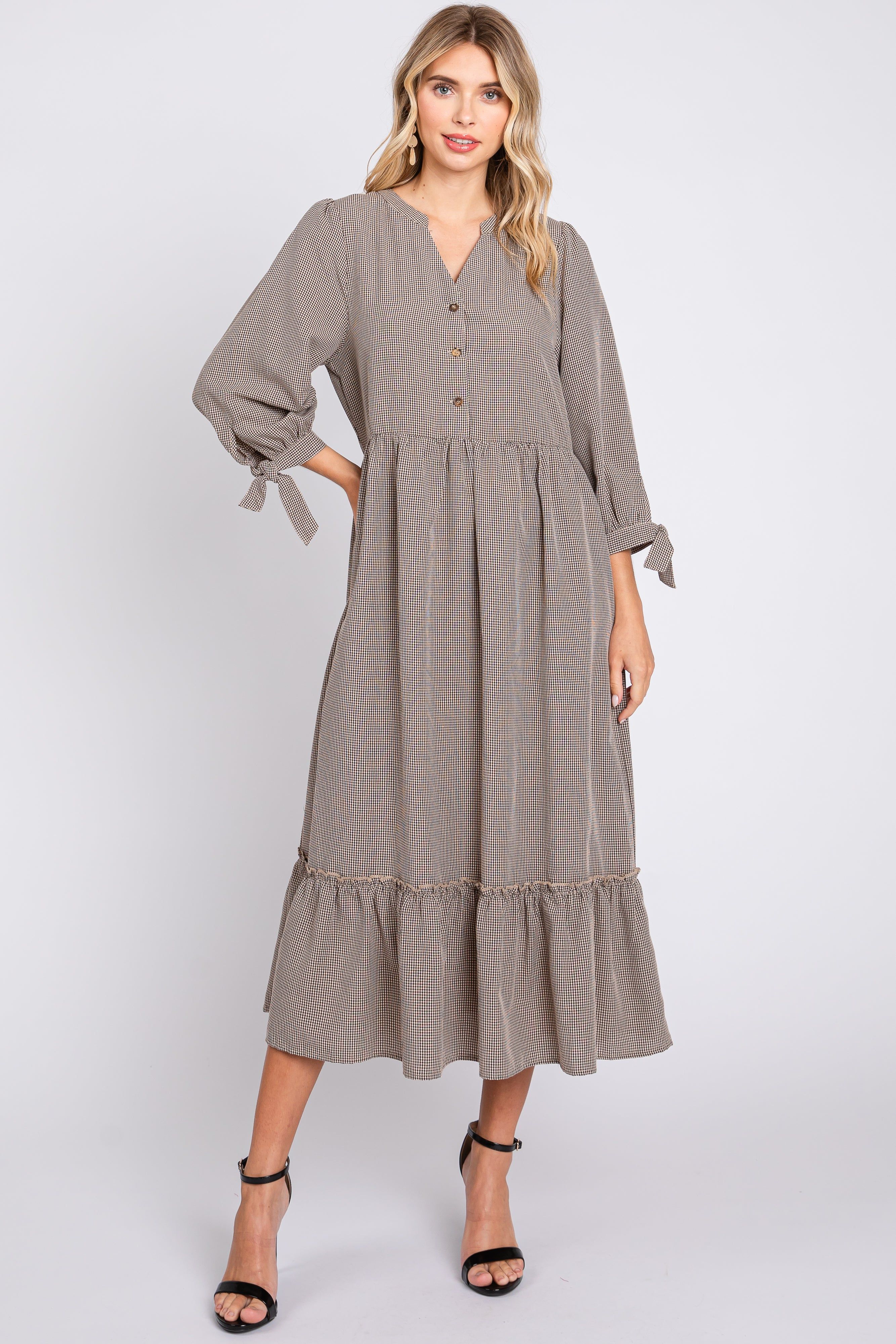 Taupe Gingham Front Button Sleeve Tie Midi Dress sold by Pinkblush