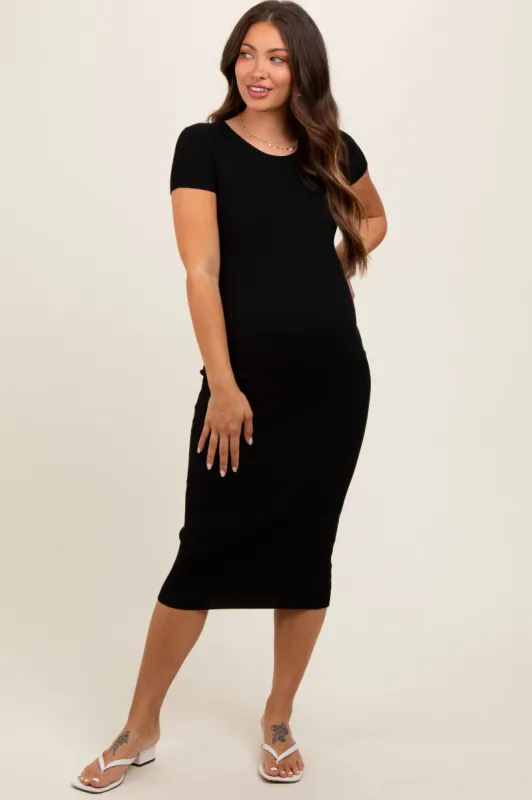 Black Short Sleeve Rib Knit Maternity Midi Dress sold by Pinkblush