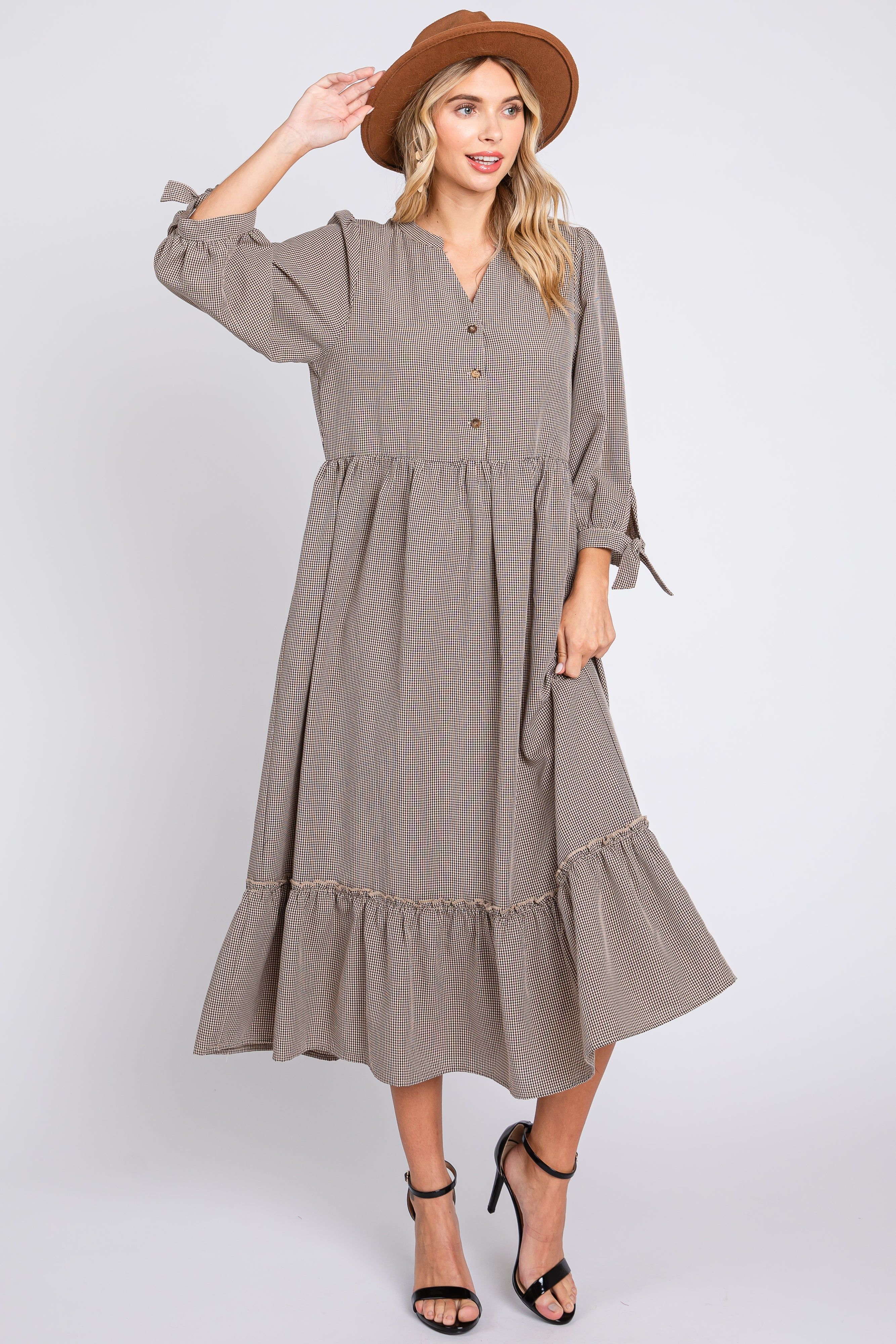 Taupe Gingham Front Button Sleeve Tie Midi Dress sold by Pinkblush product image thumbnail 4