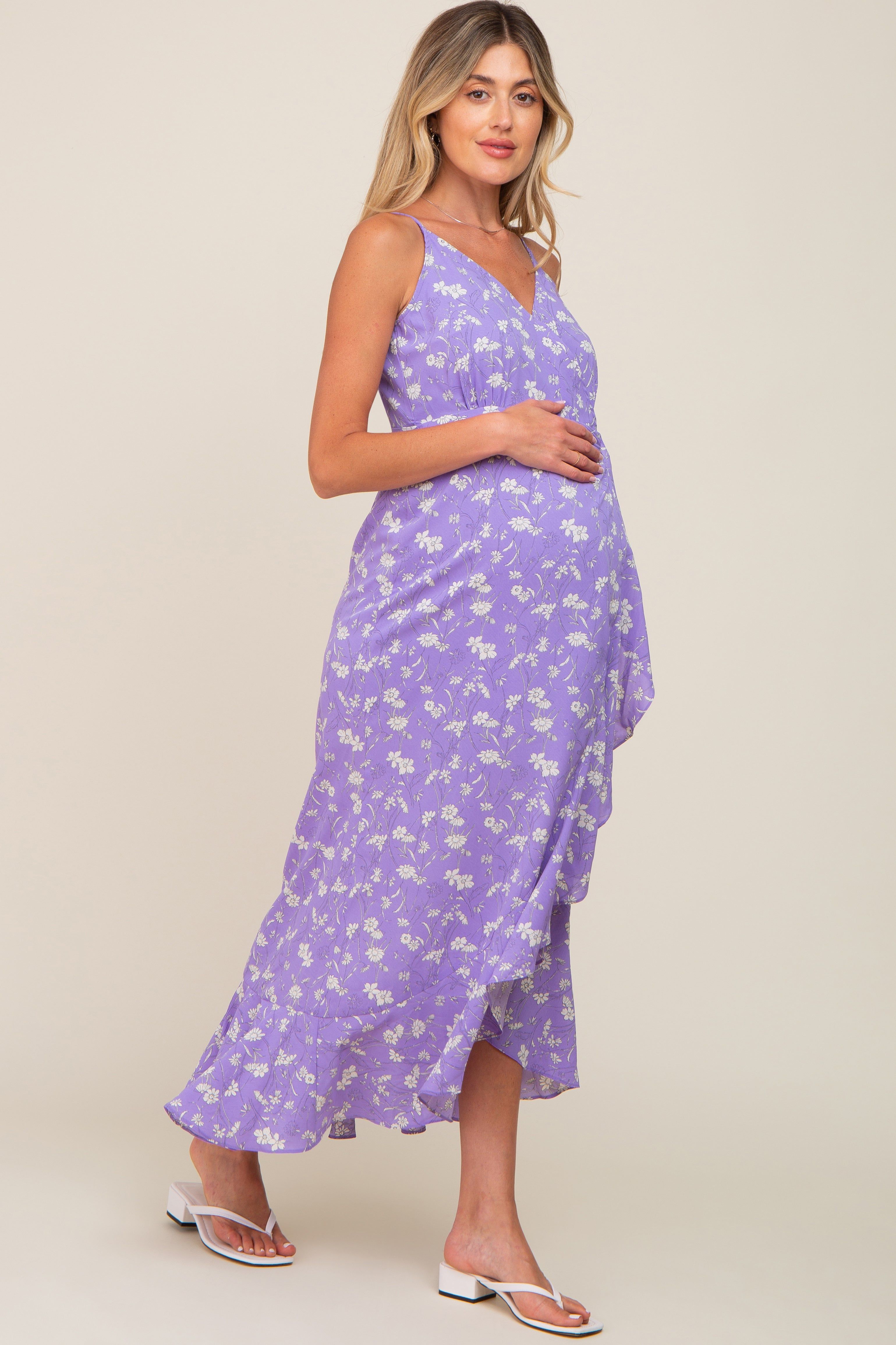 Lavender Floral Flounce Hi-Lo Maternity Wrap Maxi Dress sold by Pinkblush product image thumbnail 2