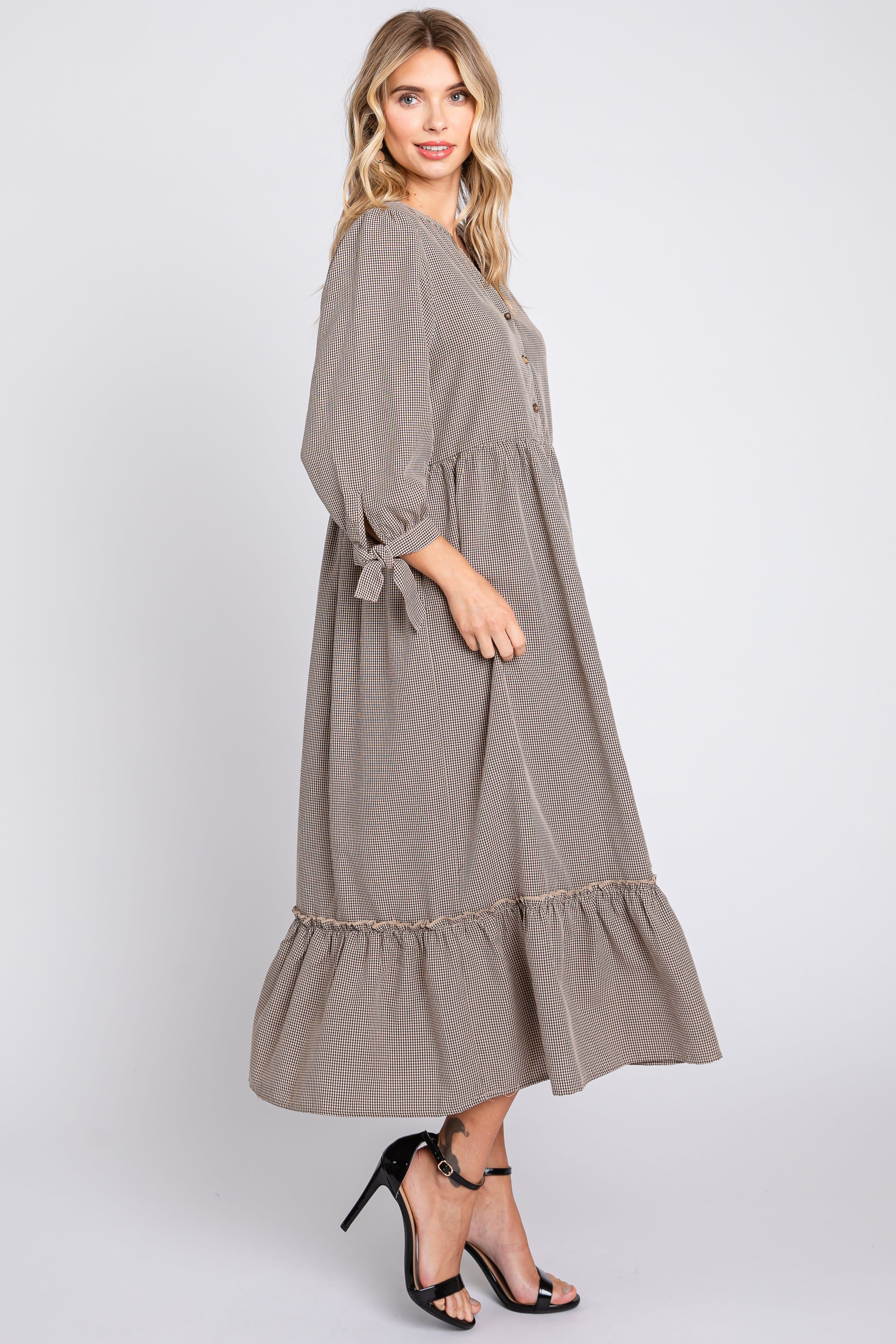 Taupe Gingham Front Button Sleeve Tie Midi Dress sold by Pinkblush product image thumbnail 2