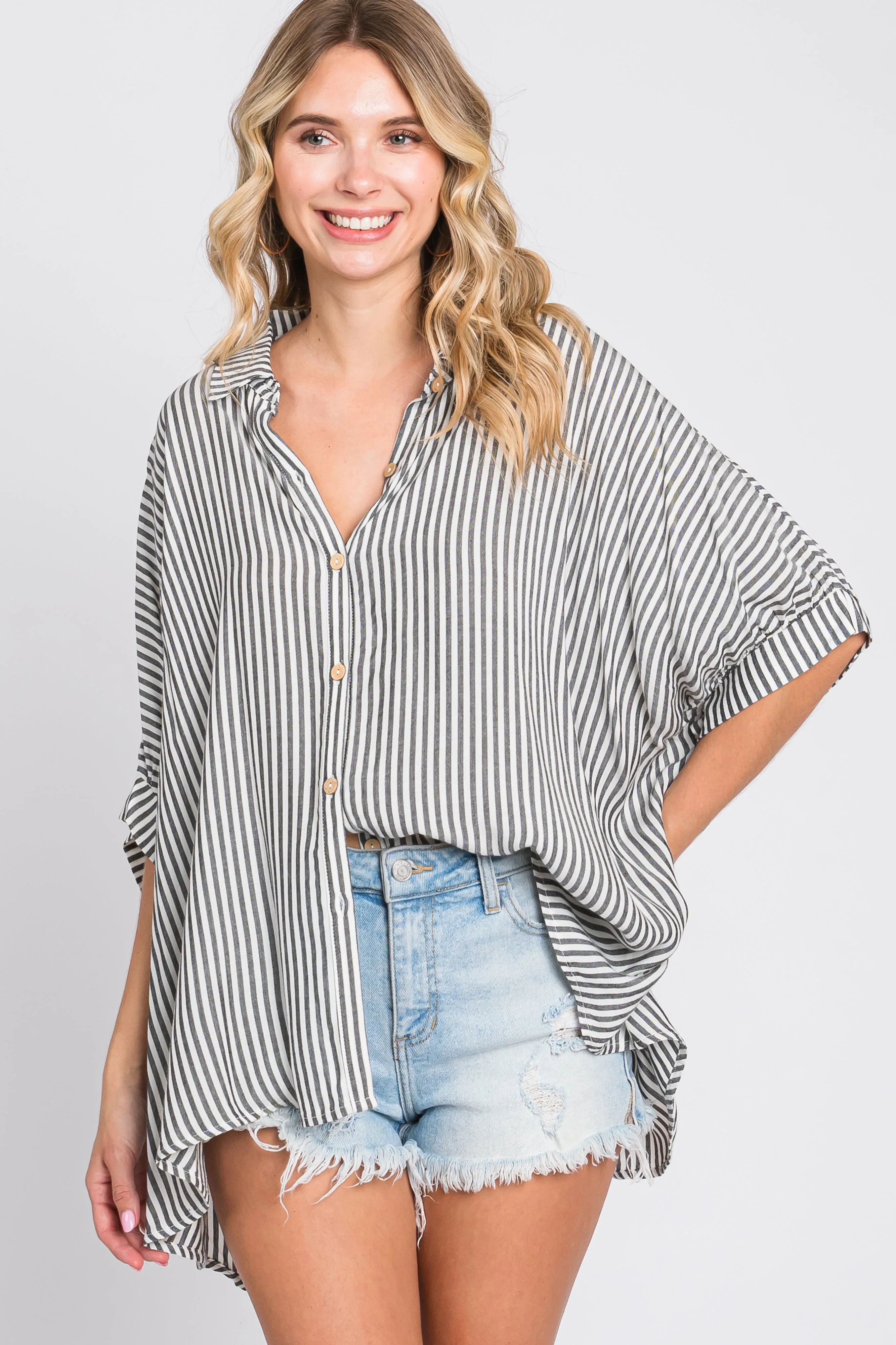 Charcoal Striped Button Up Dolman Top sold by Pinkblush